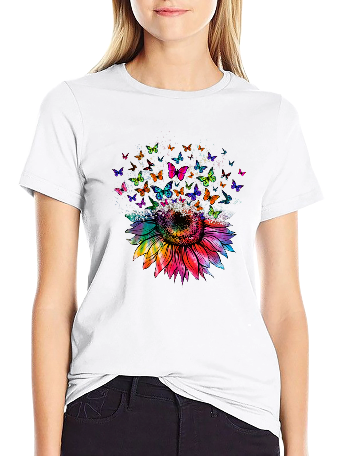 Black Sunflower Butterfly Graphic Tee - Black Cotton Blend view 9