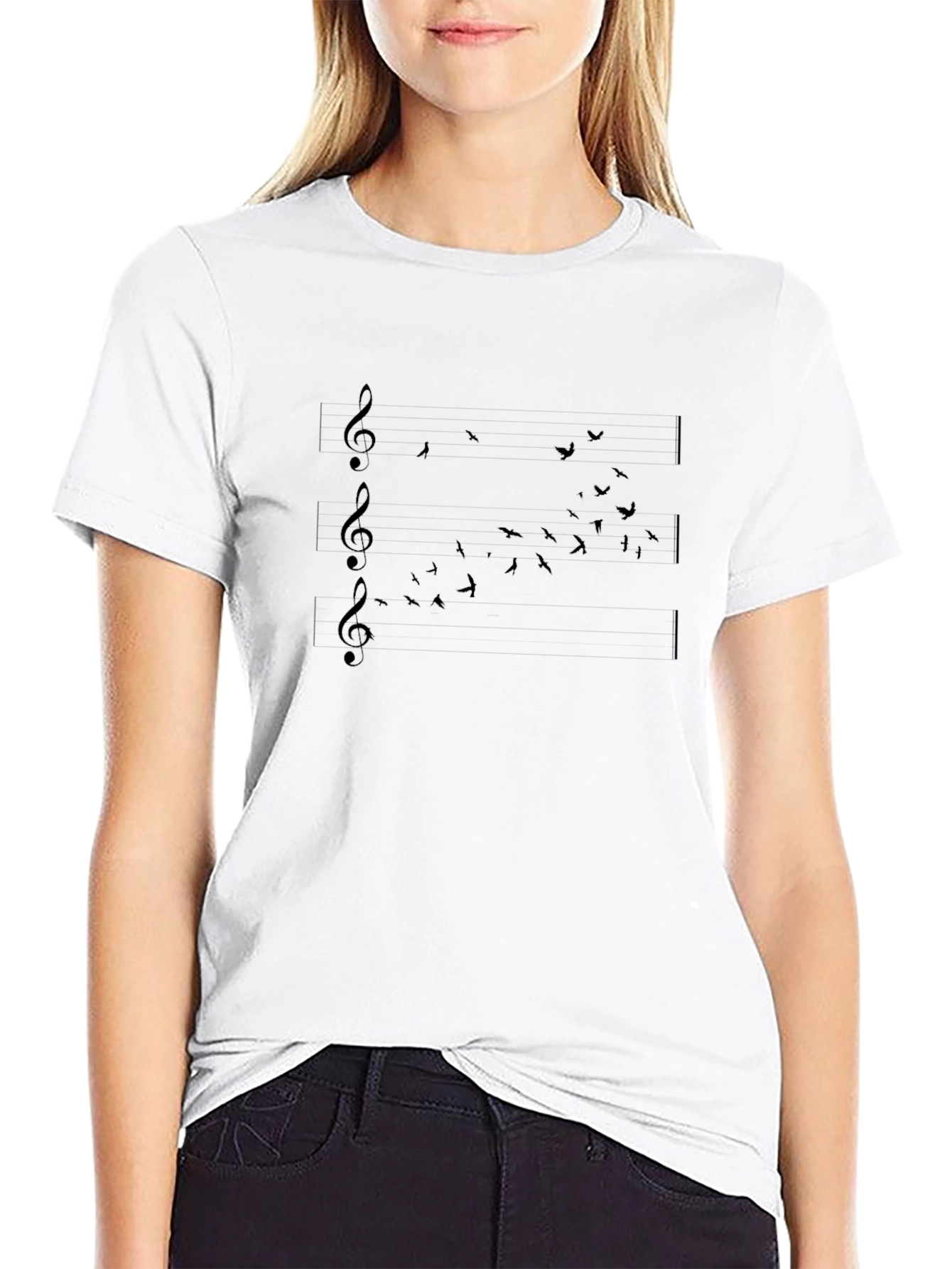 Black Music Notes & Birds Black T-Shirt view 9