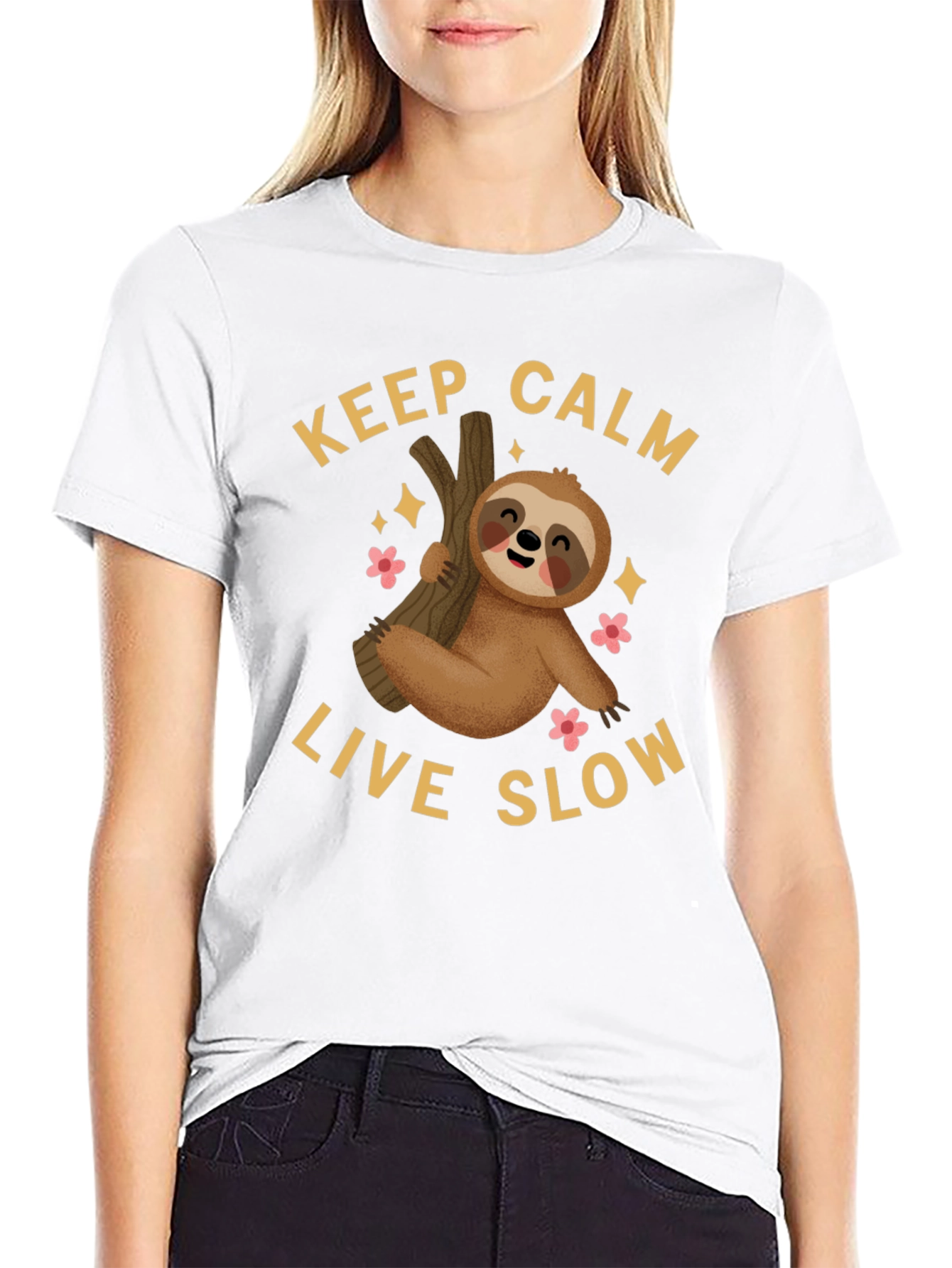 Black Keep Calm Live Slow Sloth Graphic Tee view 9