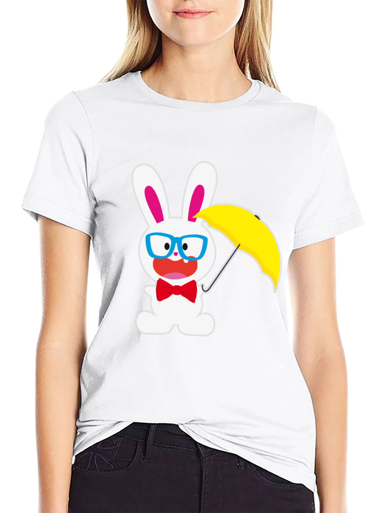 Black Funny Bunny T-Shirt: White Rabbit with Glasses & Umbrella view 9