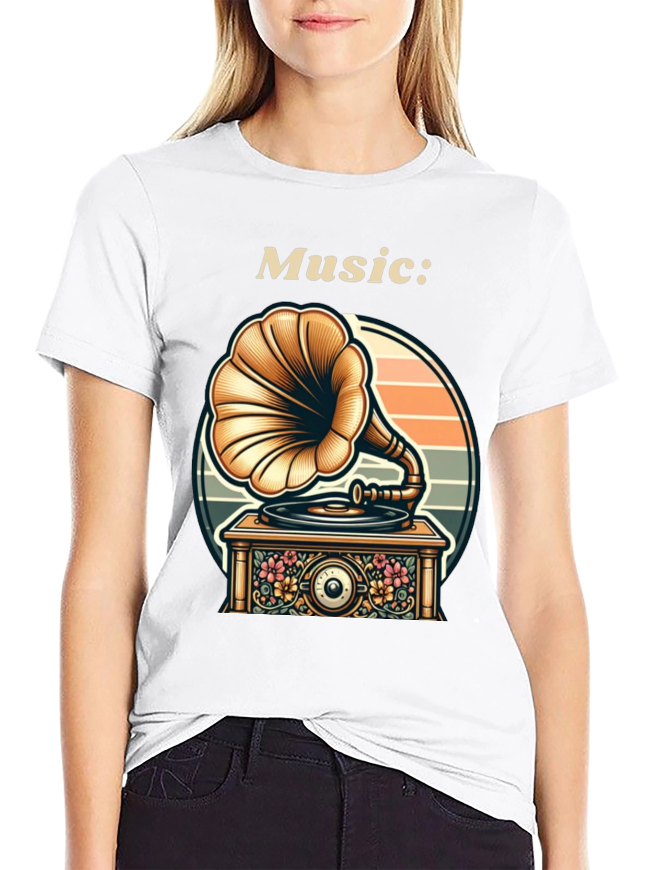 Black Vintage Music Lover T-Shirt - Gramophone Design view 9