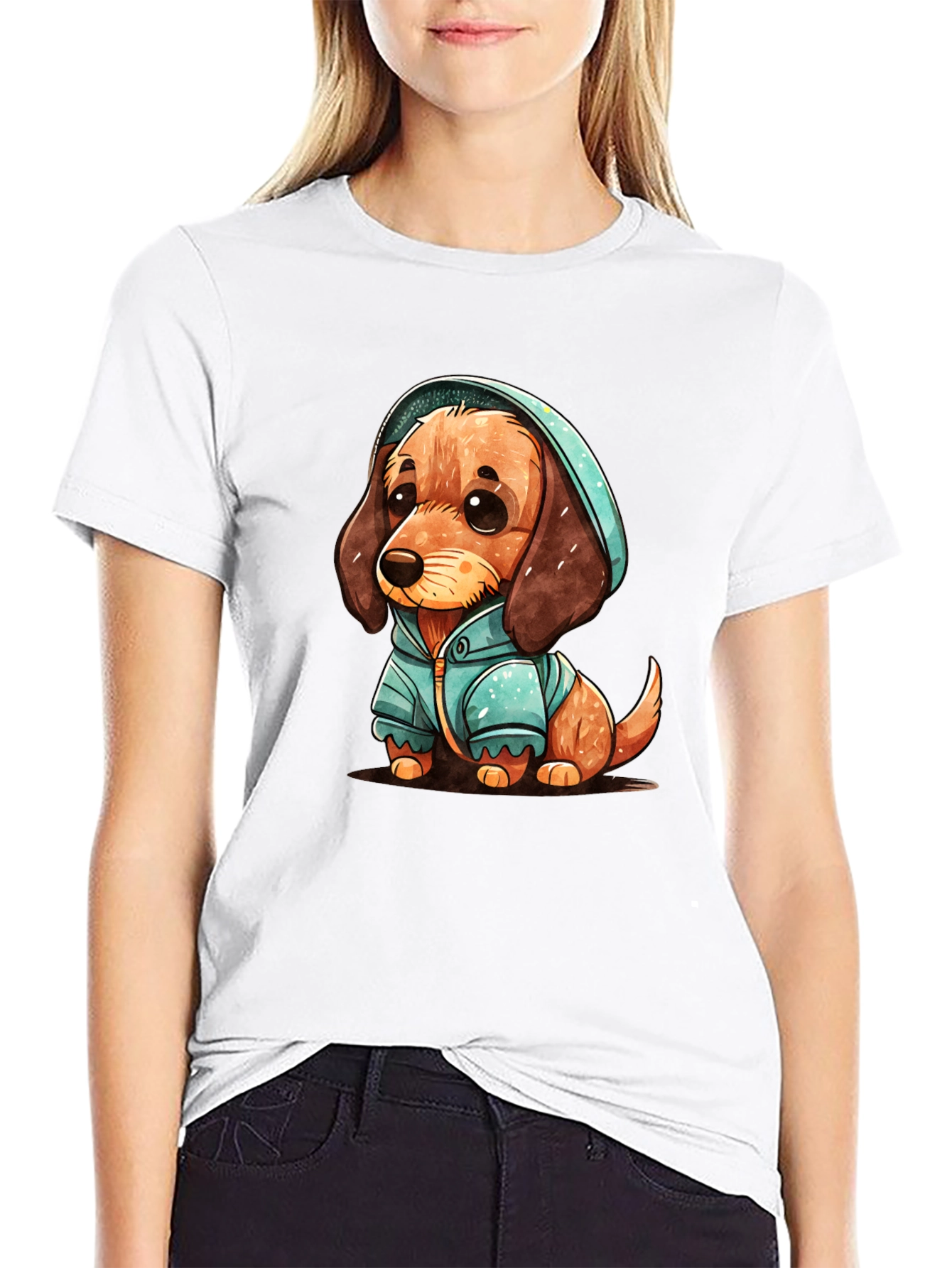 Black Cute Dachshund Puppy in Hoodie T-Shirt view 9