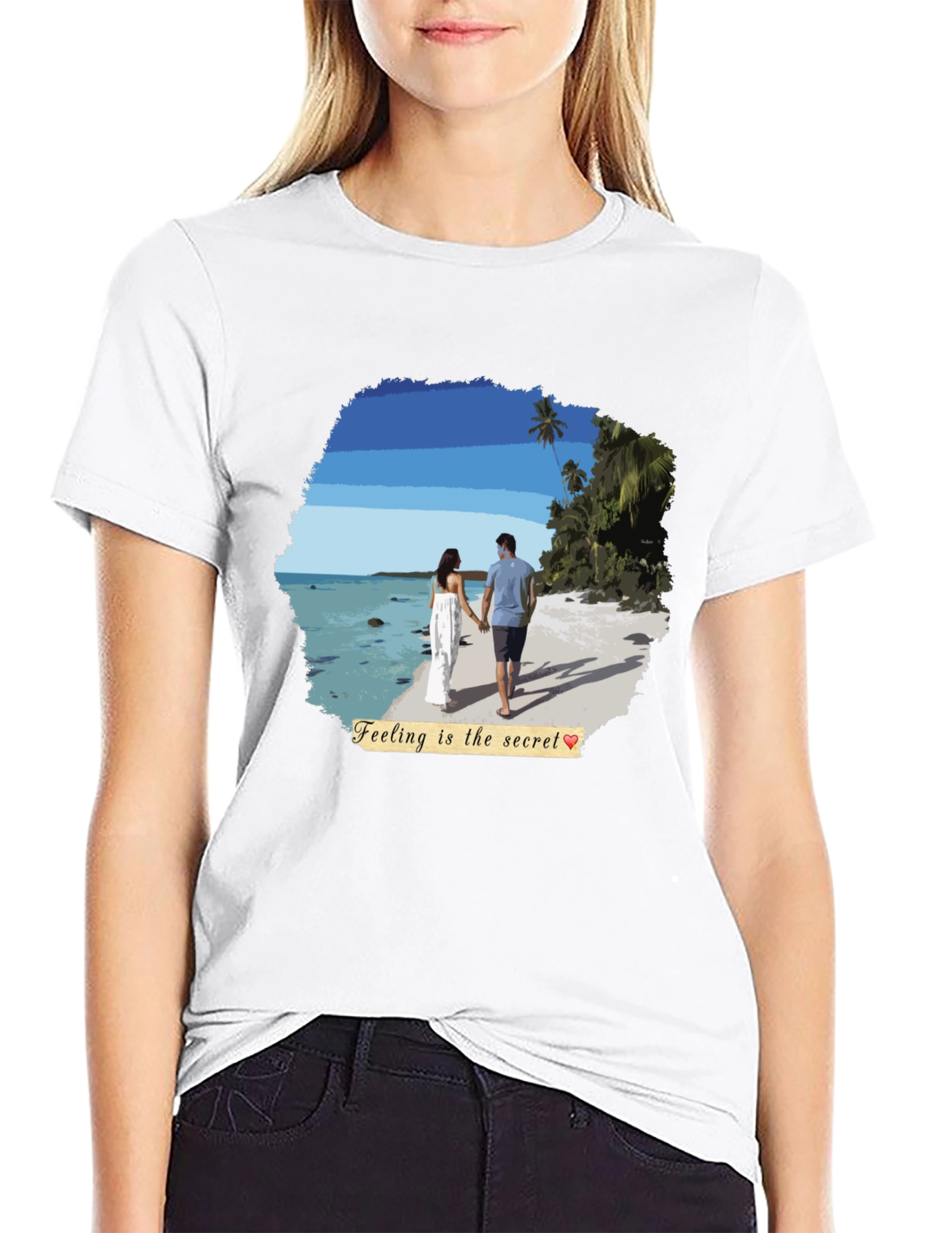 Black Beach Couple T-Shirt: Feeling Is The Secret view 9