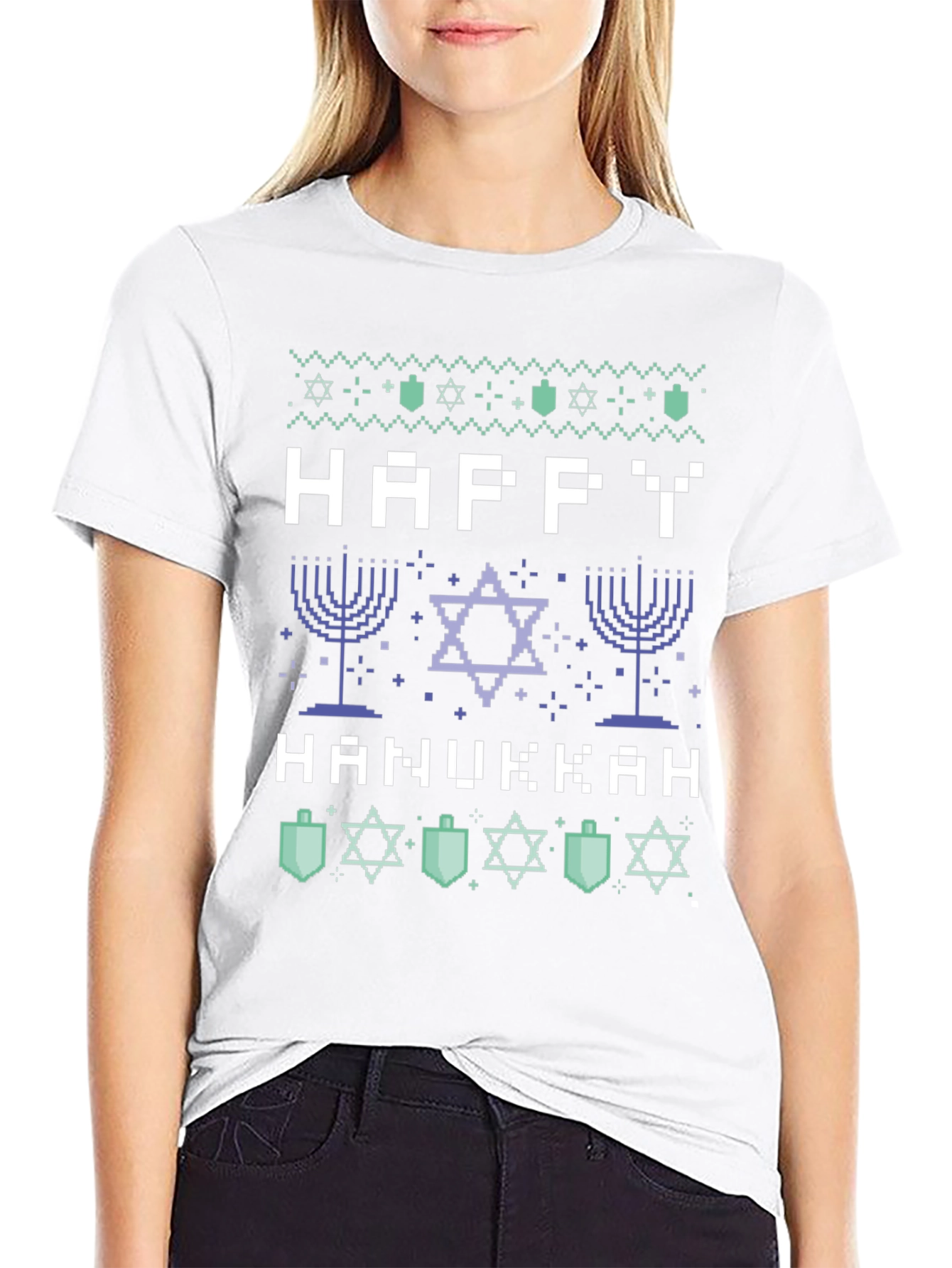 Black Happy Hanukkah Pixel Art Holiday T-Shirt view 9