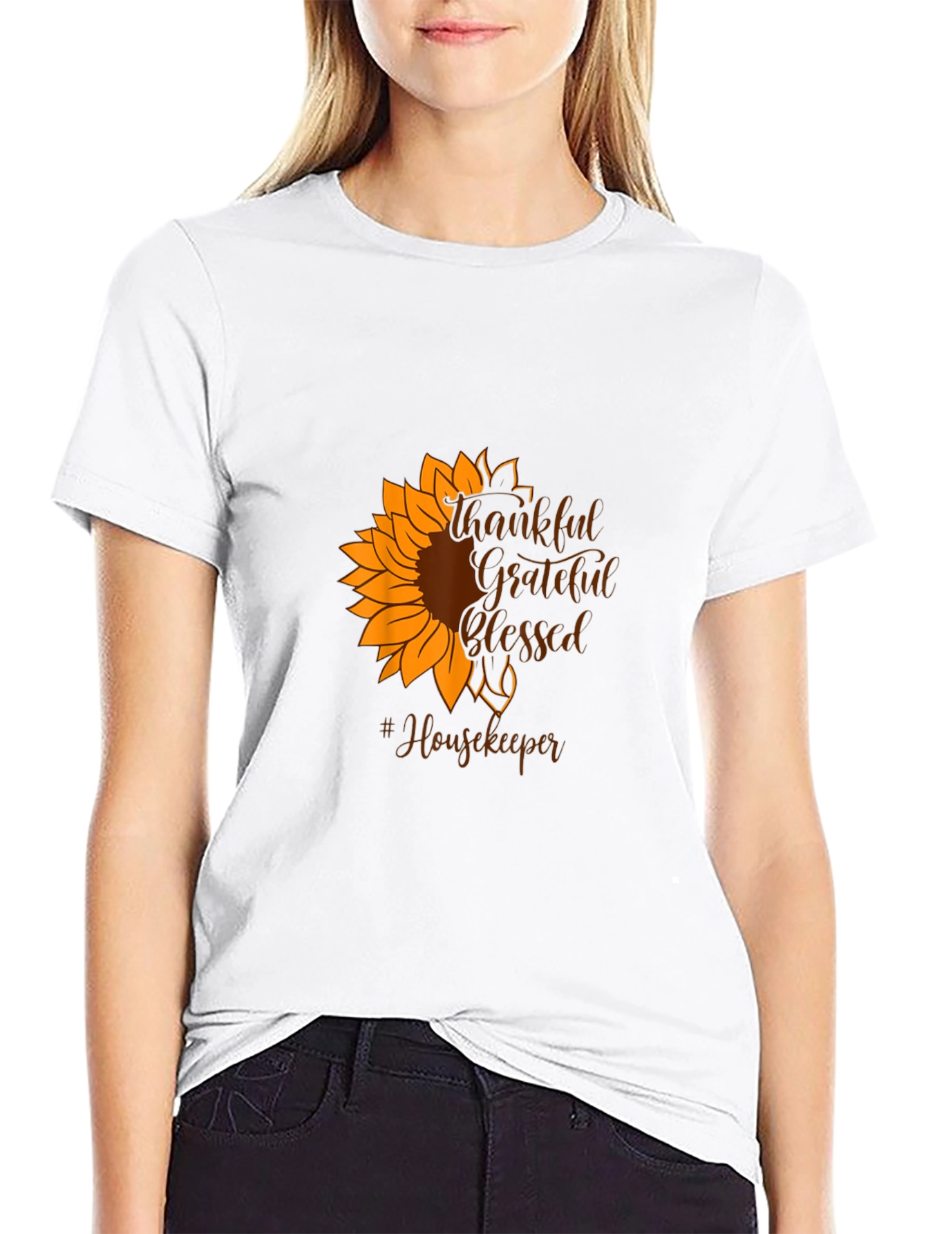 Black Thankful Grateful Blessed Housekeeper Sunflower T-Shirt view 9