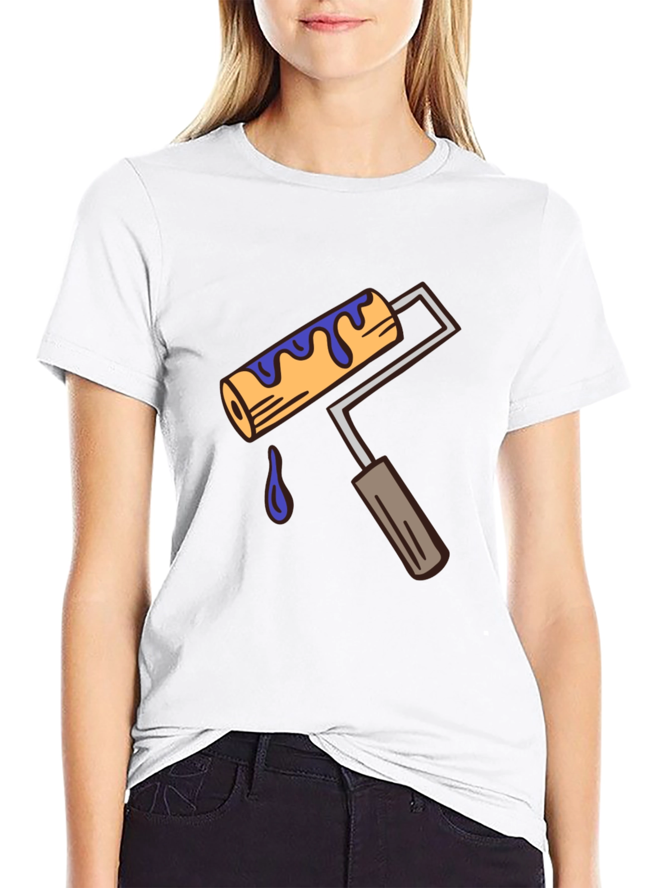 Black Paint Roller Graphic Tee - Artistic Crew Neck T-Shirt view 9