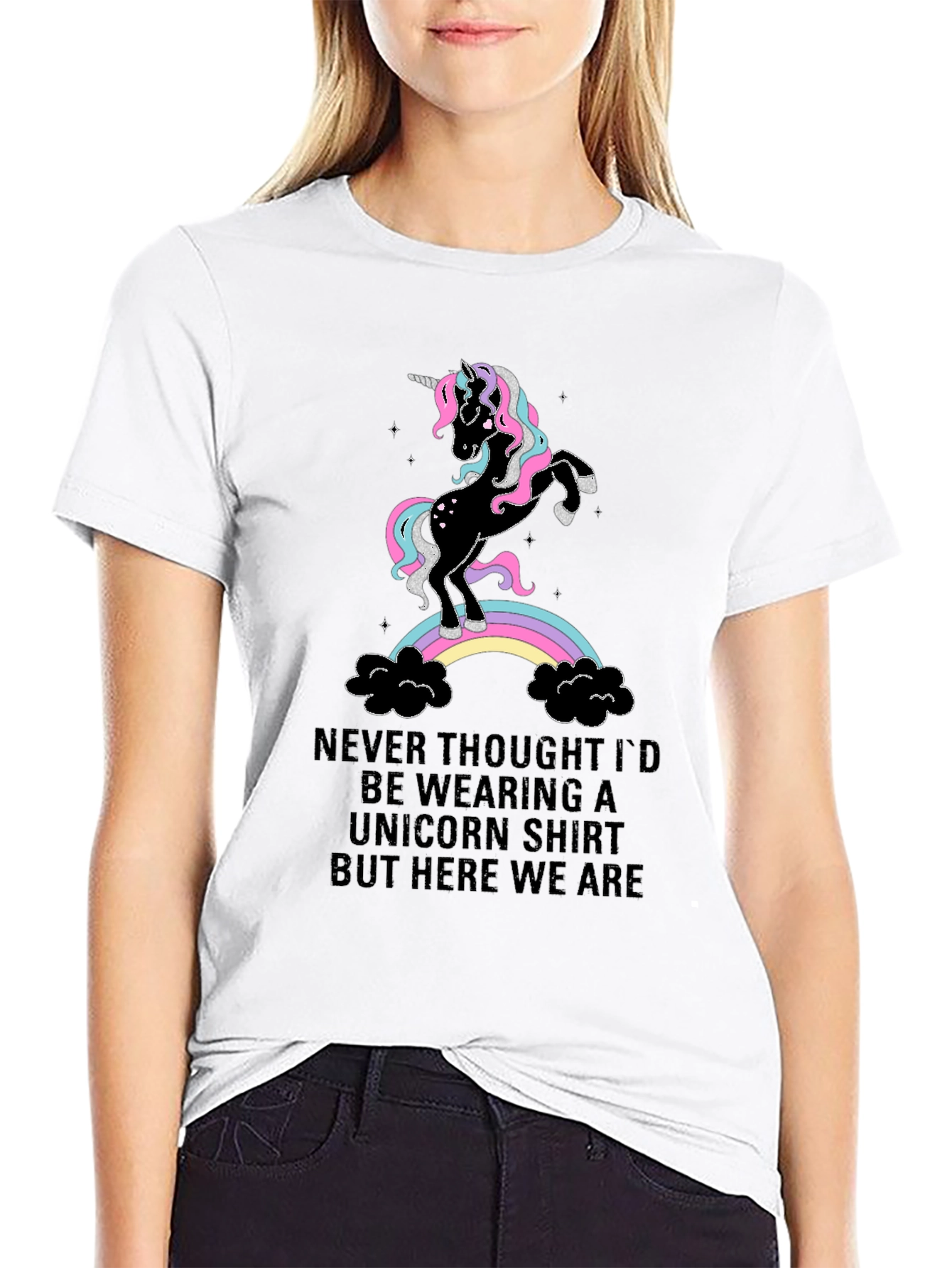 Black Unicorn Rainbow Graphic Tee - Fun Novelty T-Shirt view 9