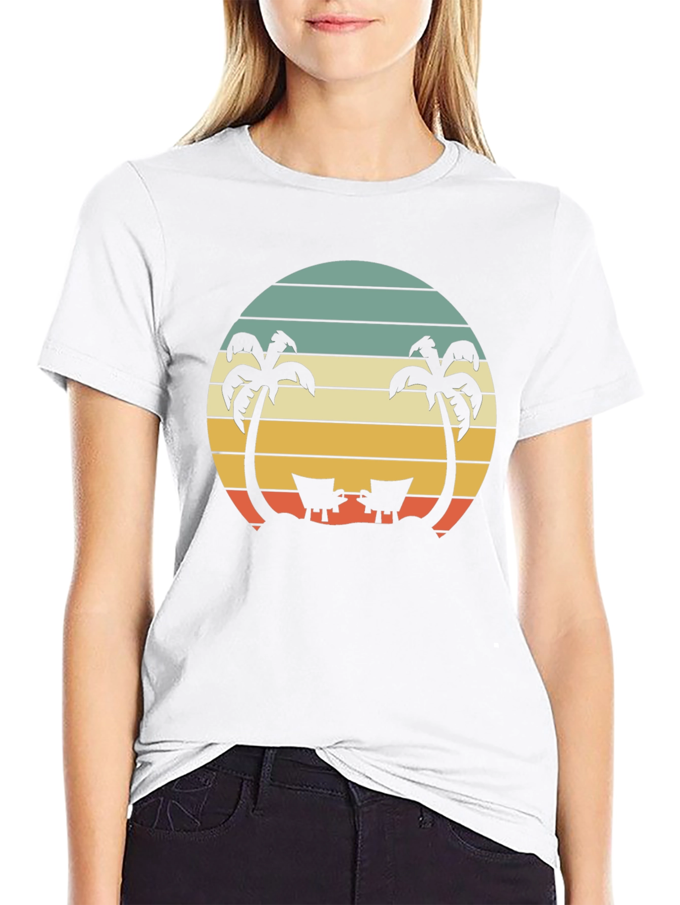 Black Retro Beach Sunset T-Shirt - Palm Trees & Deck Chairs view 9