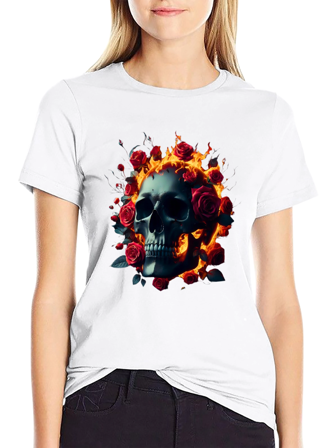Black Skull Roses Flames T-Shirt - Dark Gothic Tee view 9