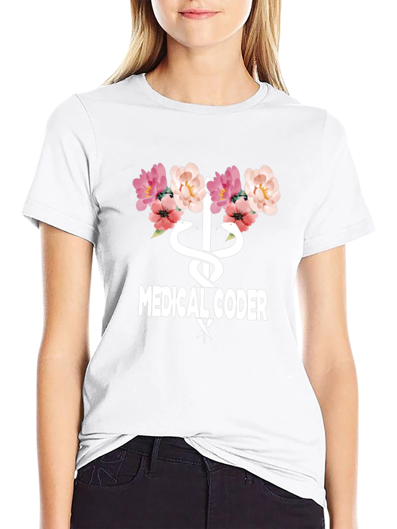 Black Medical Coder Floral Graphic T-Shirt view 9