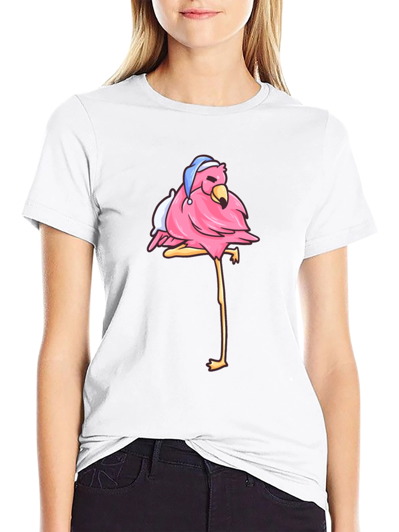 Flamingo Black T-Shirt with Sleepy Bird Design - 9