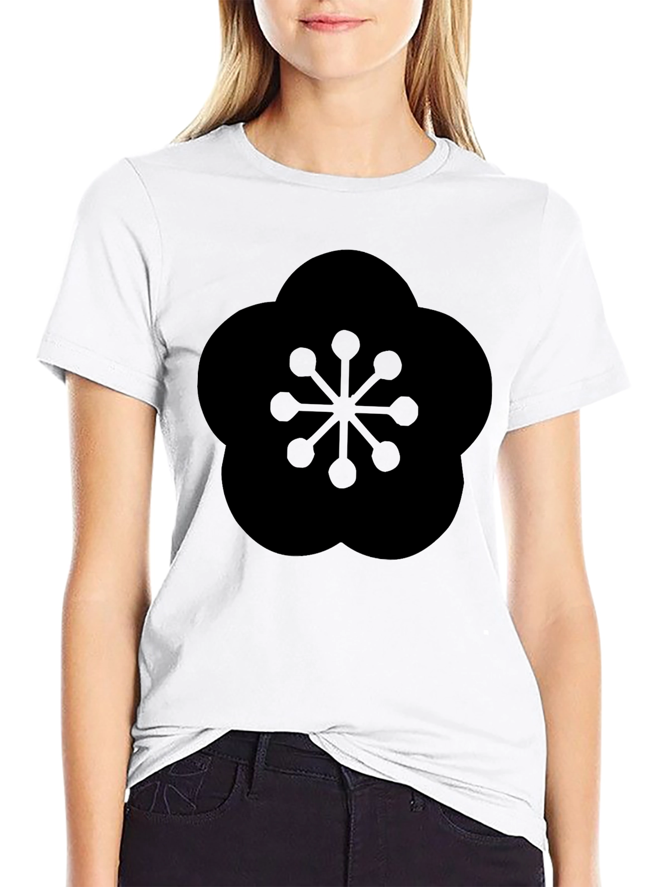 Black Black T-Shirt with Geometric Plum Blossom Design view 9