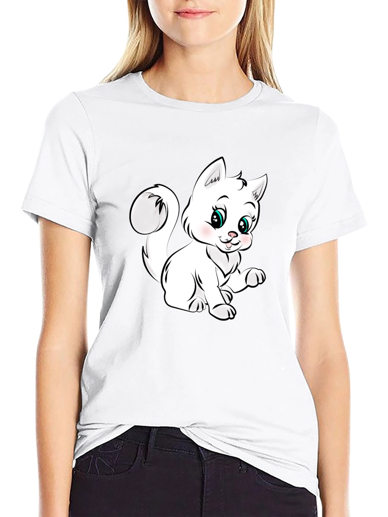 Black Cute Cartoon Kitten Black T-Shirt view 9
