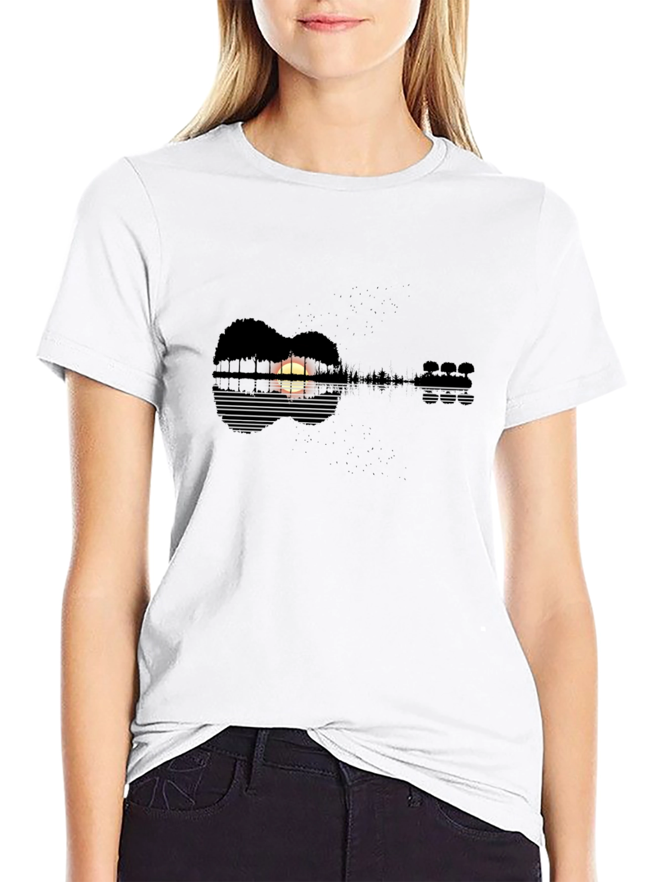 Black Guitar Sunset T-Shirt - Nature Music Lover Tee view 9