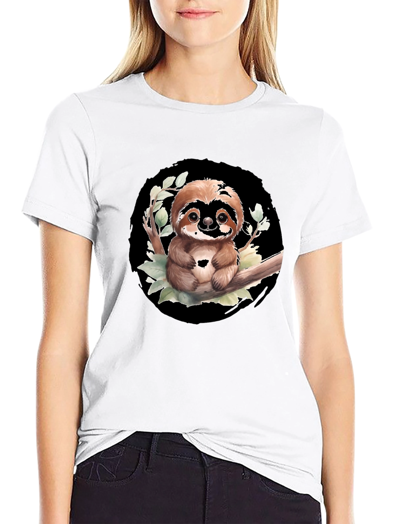 Black Cute Sloth on Branch Graphic Tee - Black T-Shirt view 9