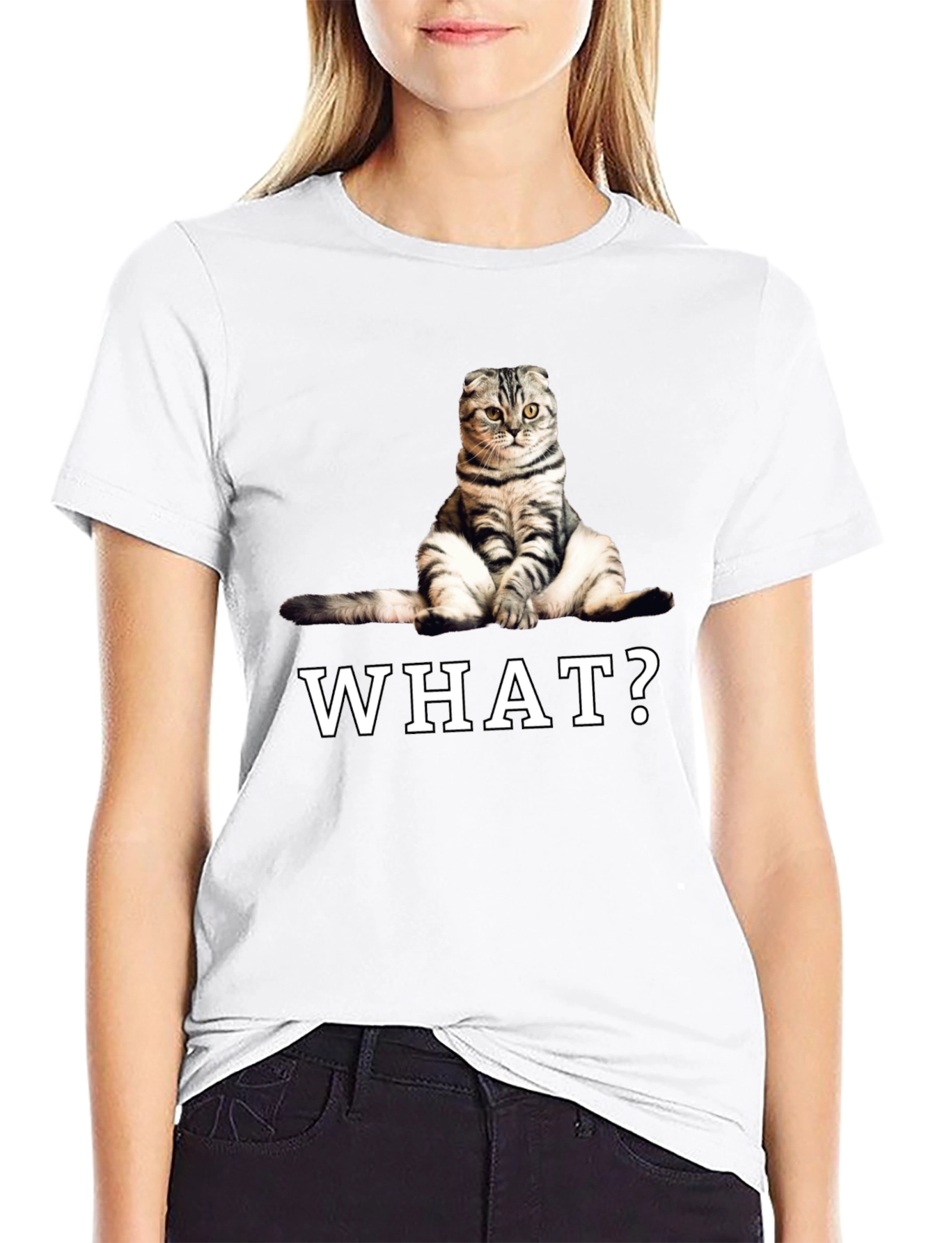 Black Funny Cat "What?" Graphic T-Shirt view 9
