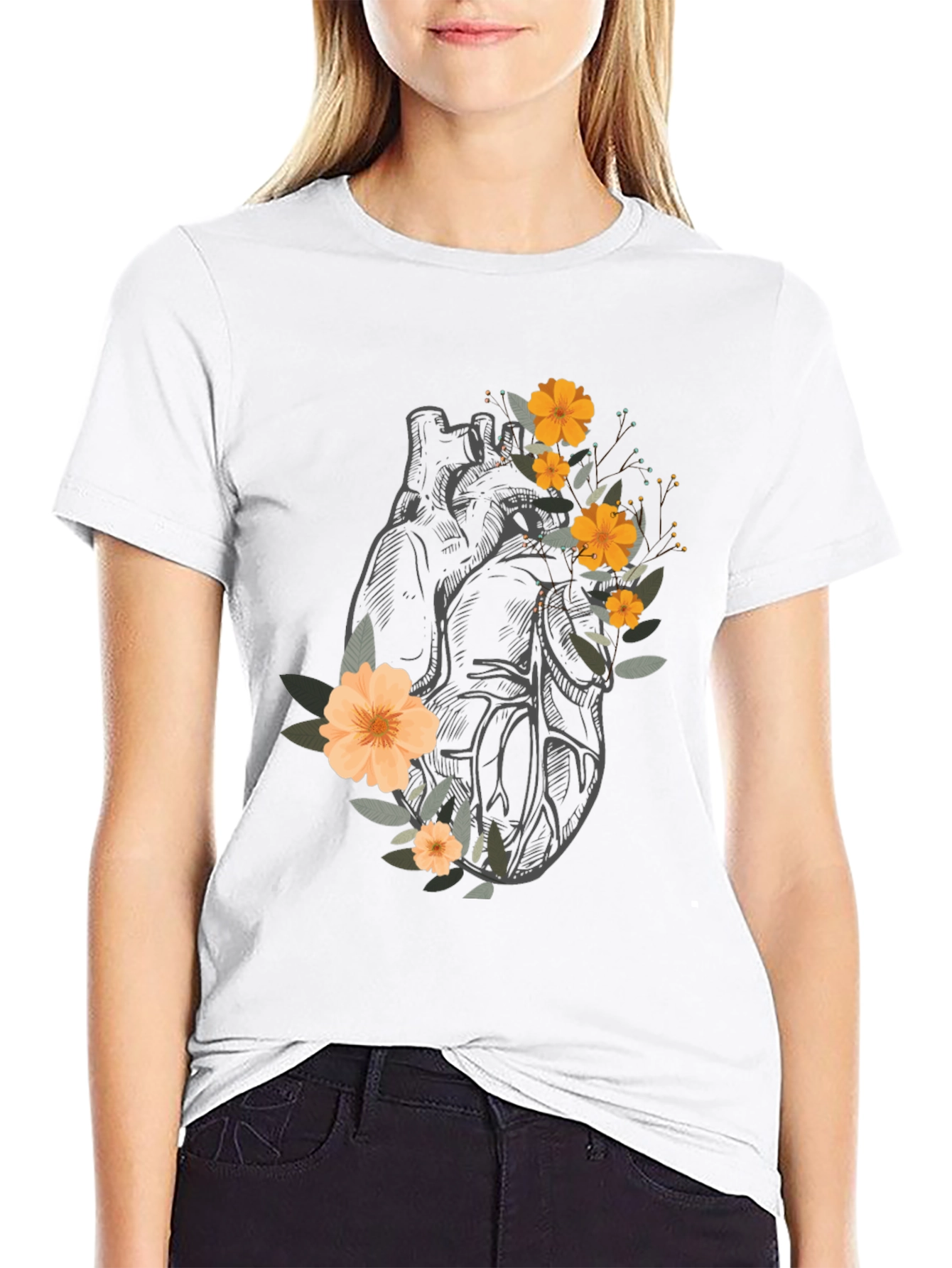 Black Anatomical Heart Floral Graphic Tee - Black view 9