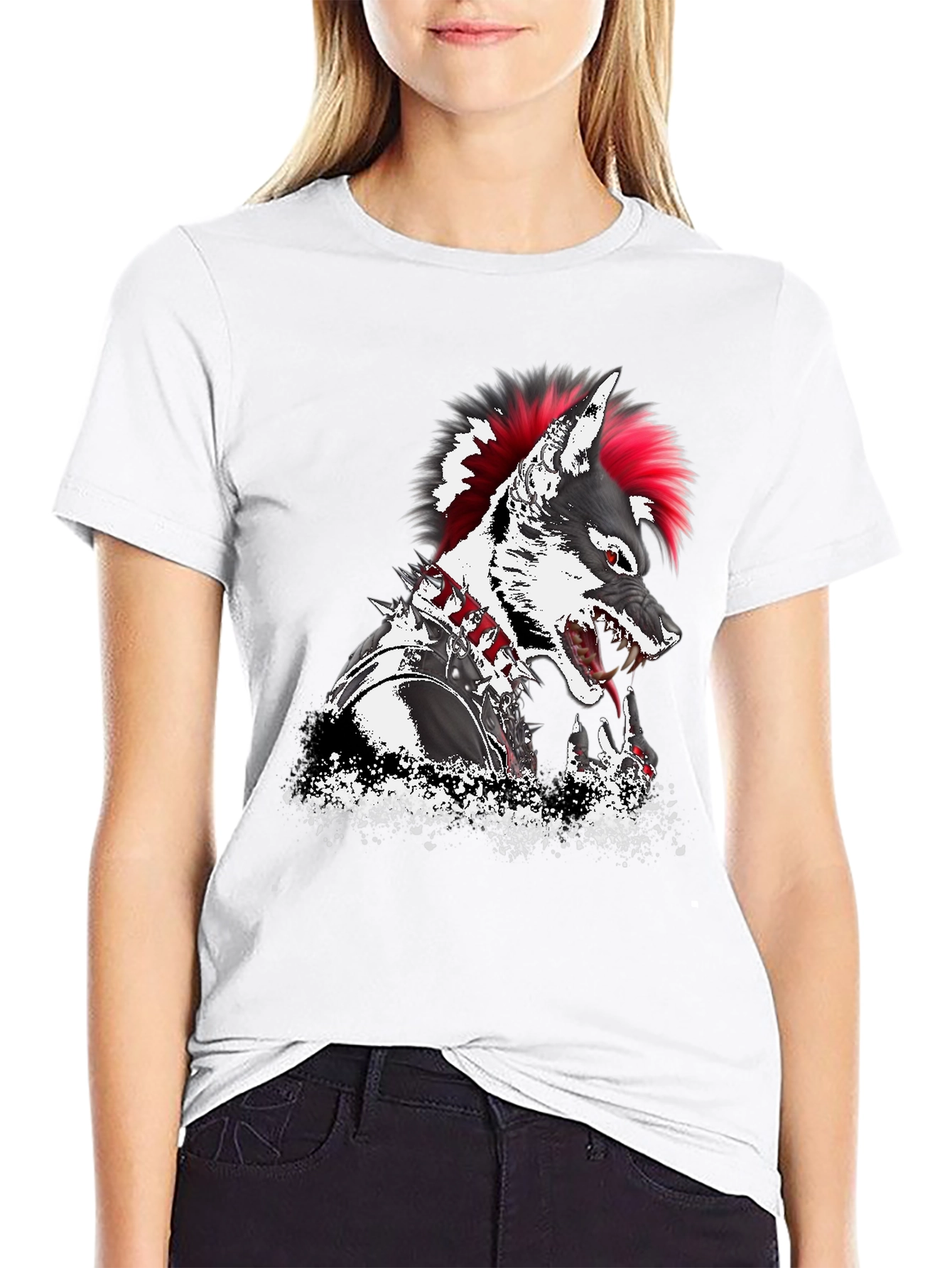 Black Punk Wolf Graphic T-Shirt - Unique Design view 9