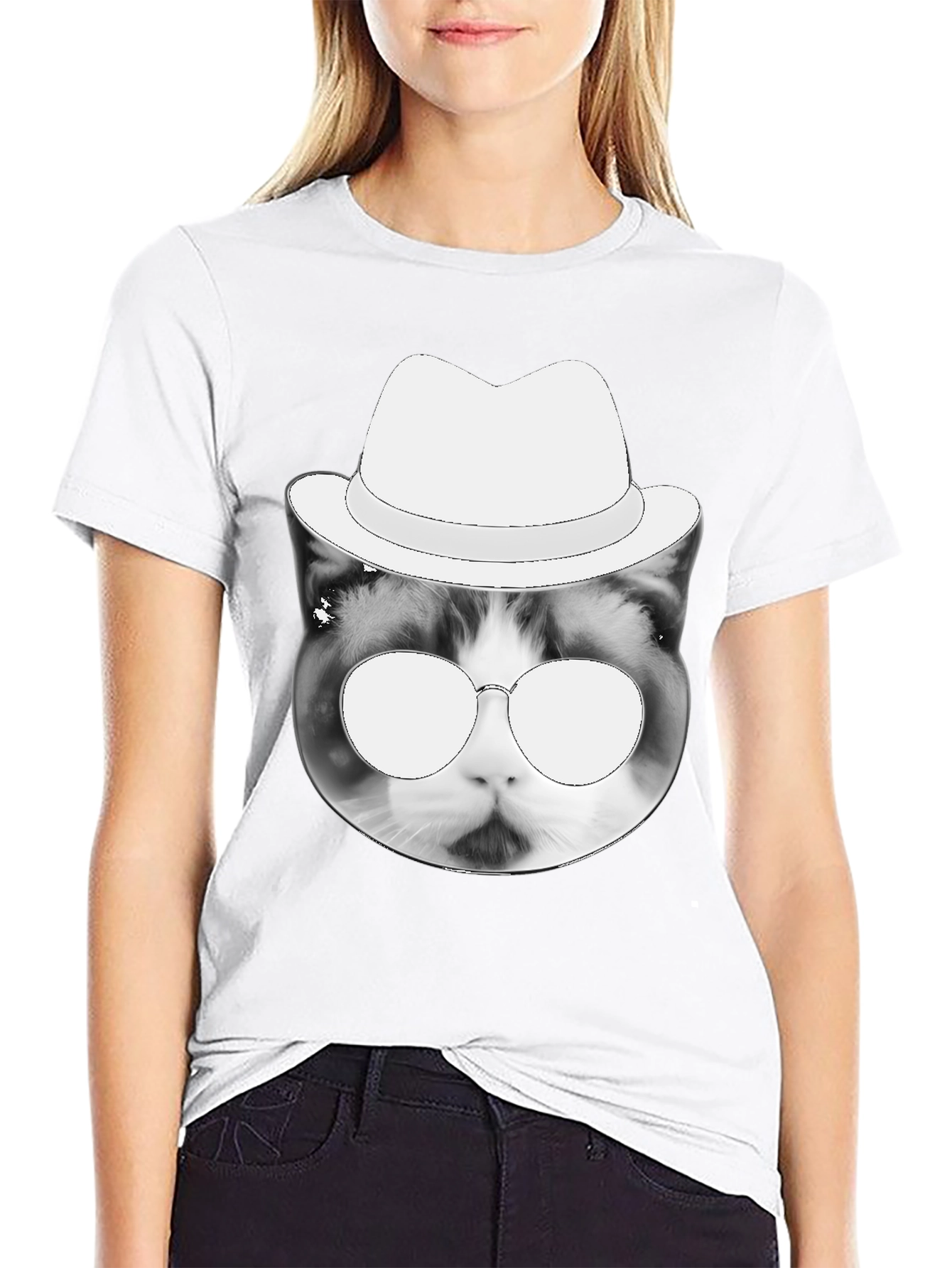 Black Cool Cat Tee: Black T-Shirt with Cat in Hat Graphic view 9