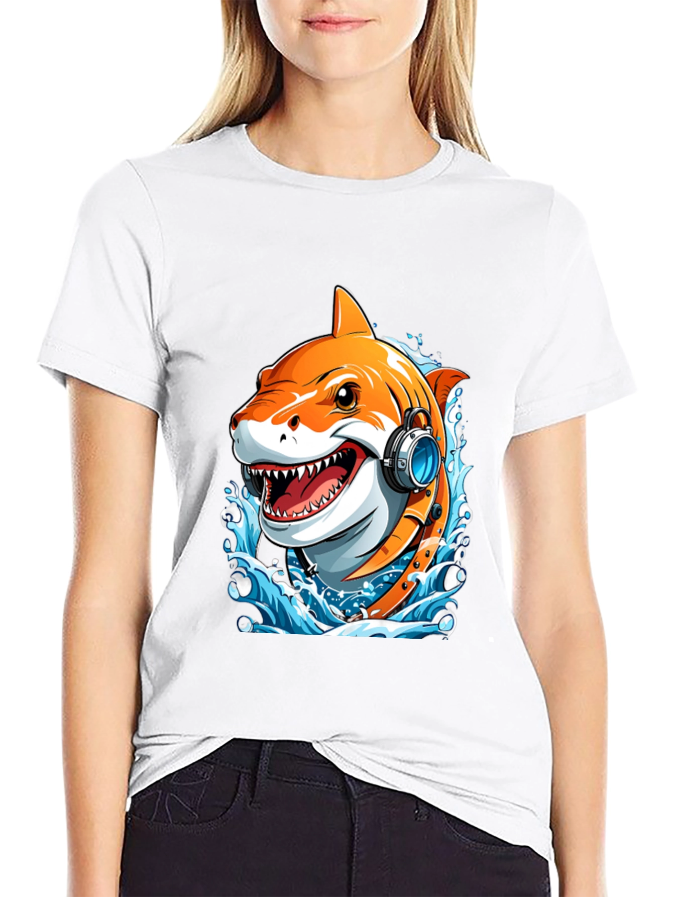 Black Cool Shark Headphones Graphic Tee view 9
