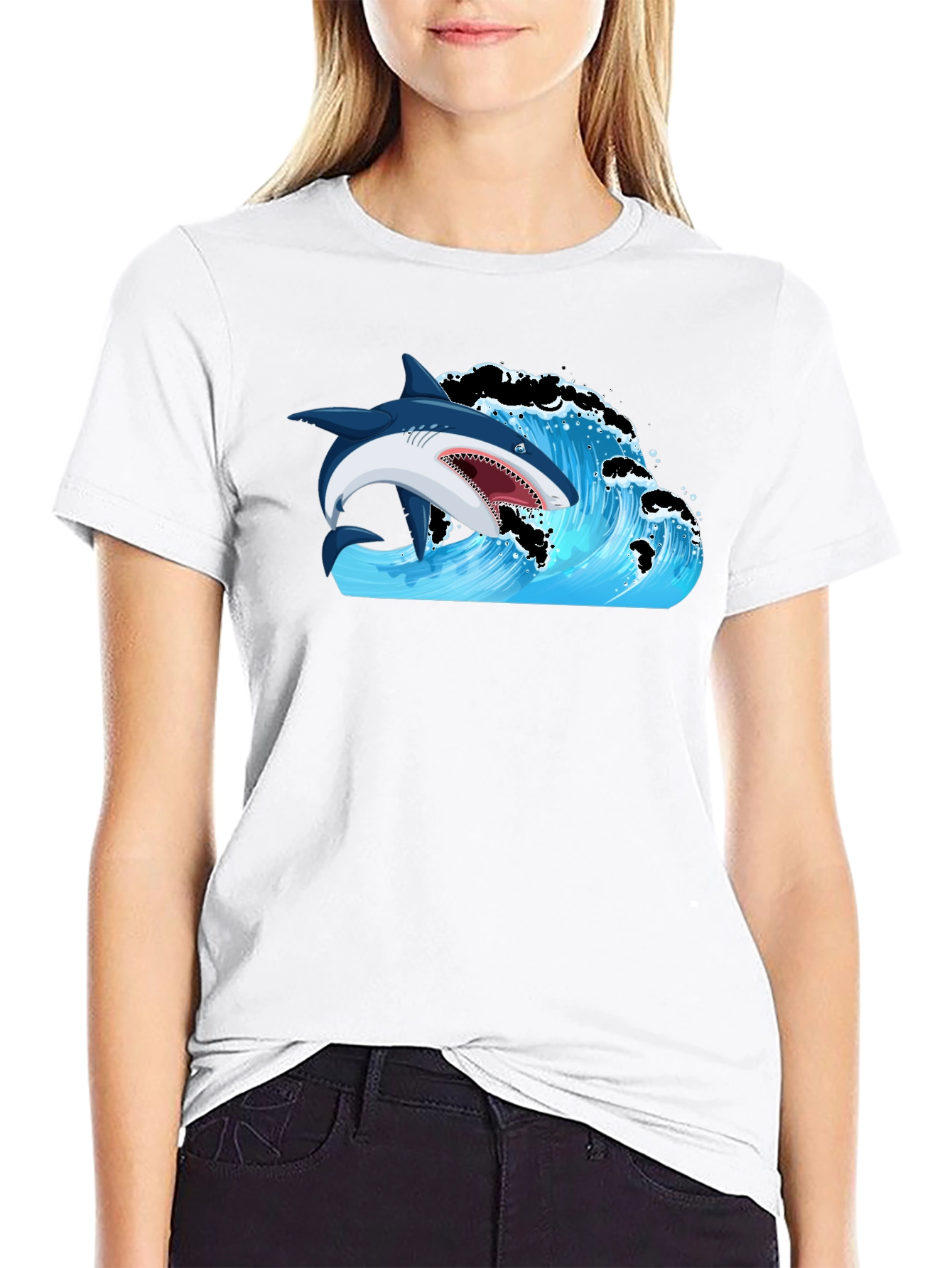 Black Shark Wave Graphic Print T-Shirt view 9