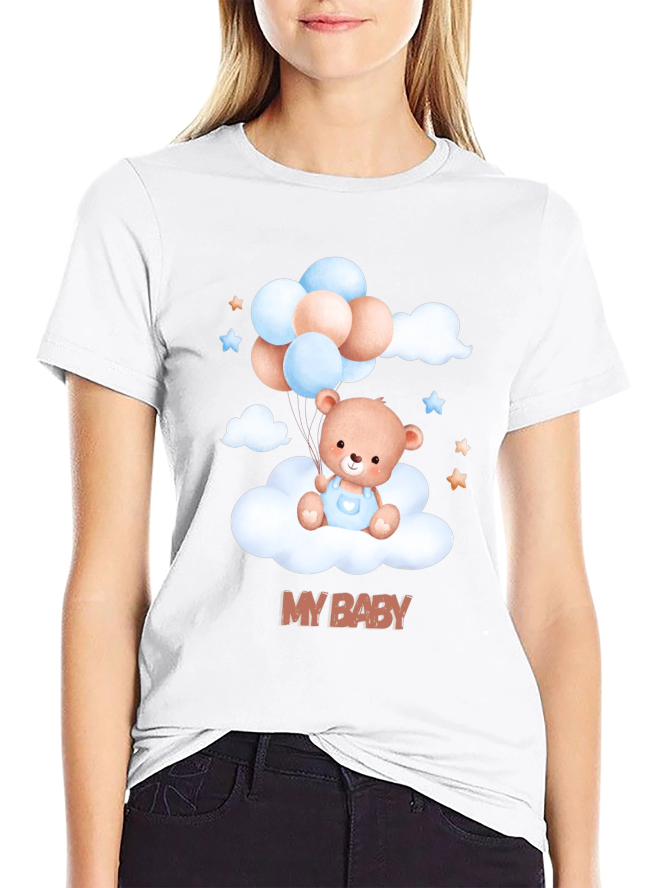 Black Cute "My Baby" Bear & Balloons Black T-Shirt view 9