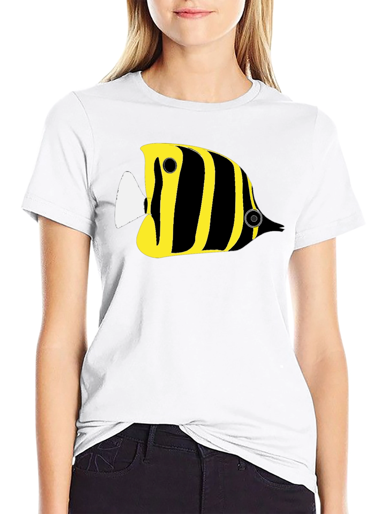Black Black T-Shirt with Yellow Striped Fish Graphic view 9