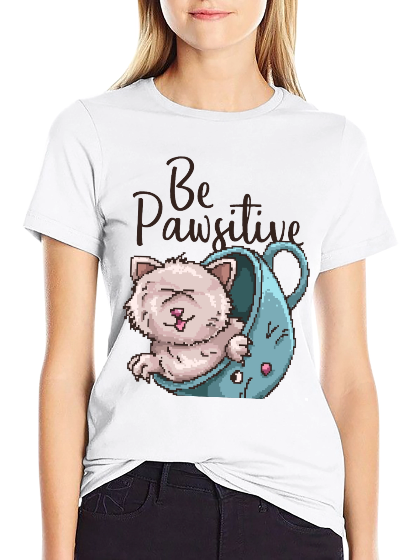 Black Be Pawsitive Cat Lover T-Shirt view 9