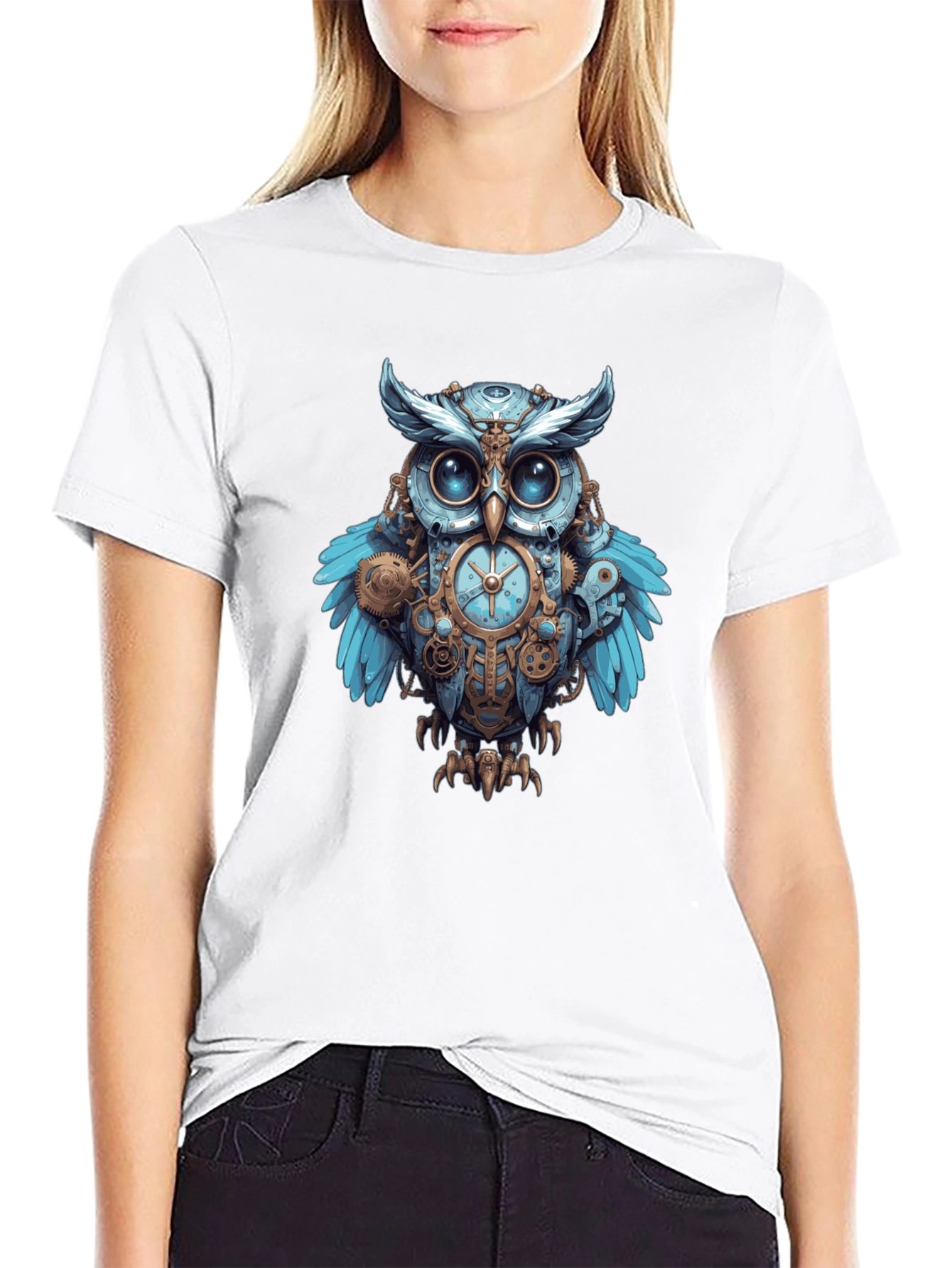 Black Steampunk Owl Graphic Print Men's T-Shirt view 9
