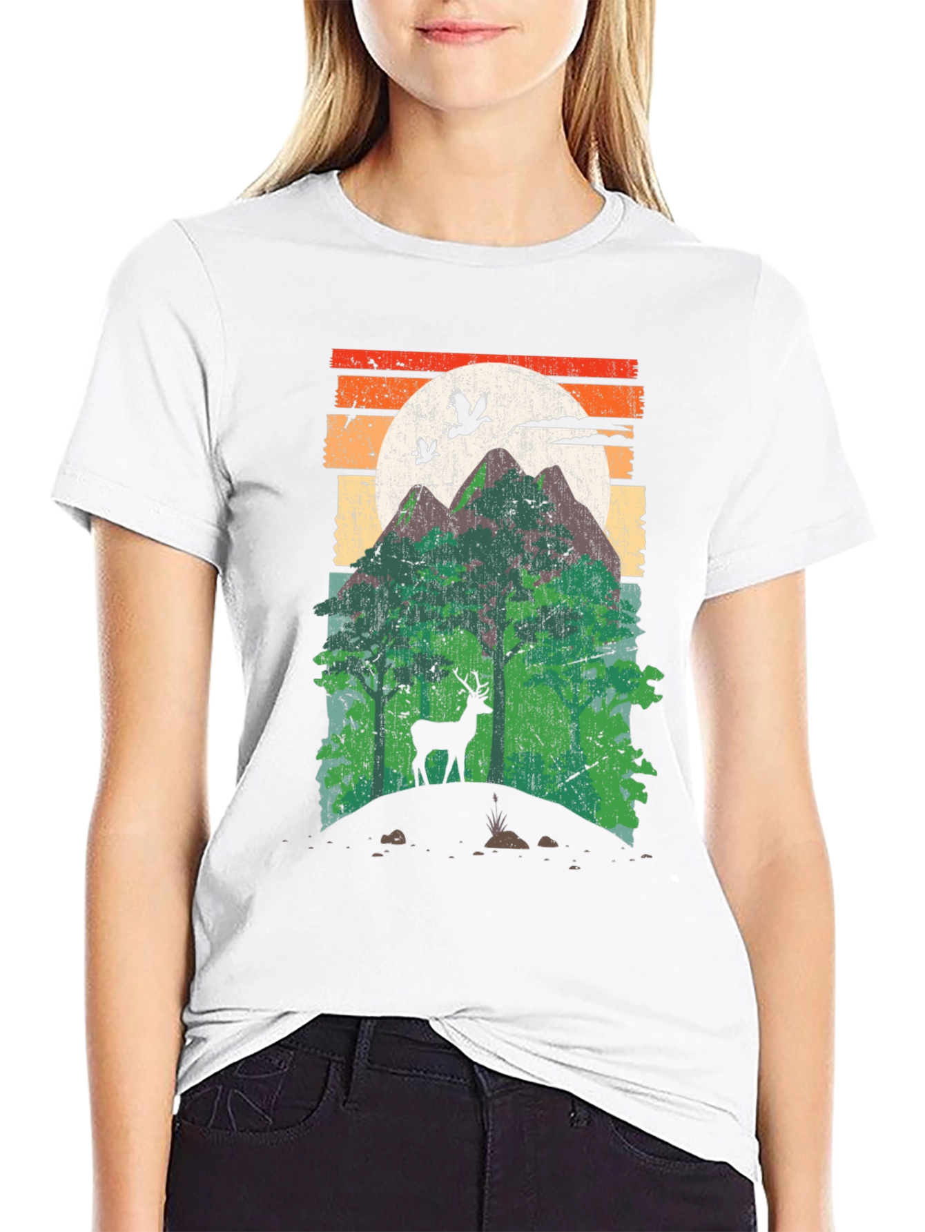 Black Retro Mountain Deer Graphic T-Shirt view 9