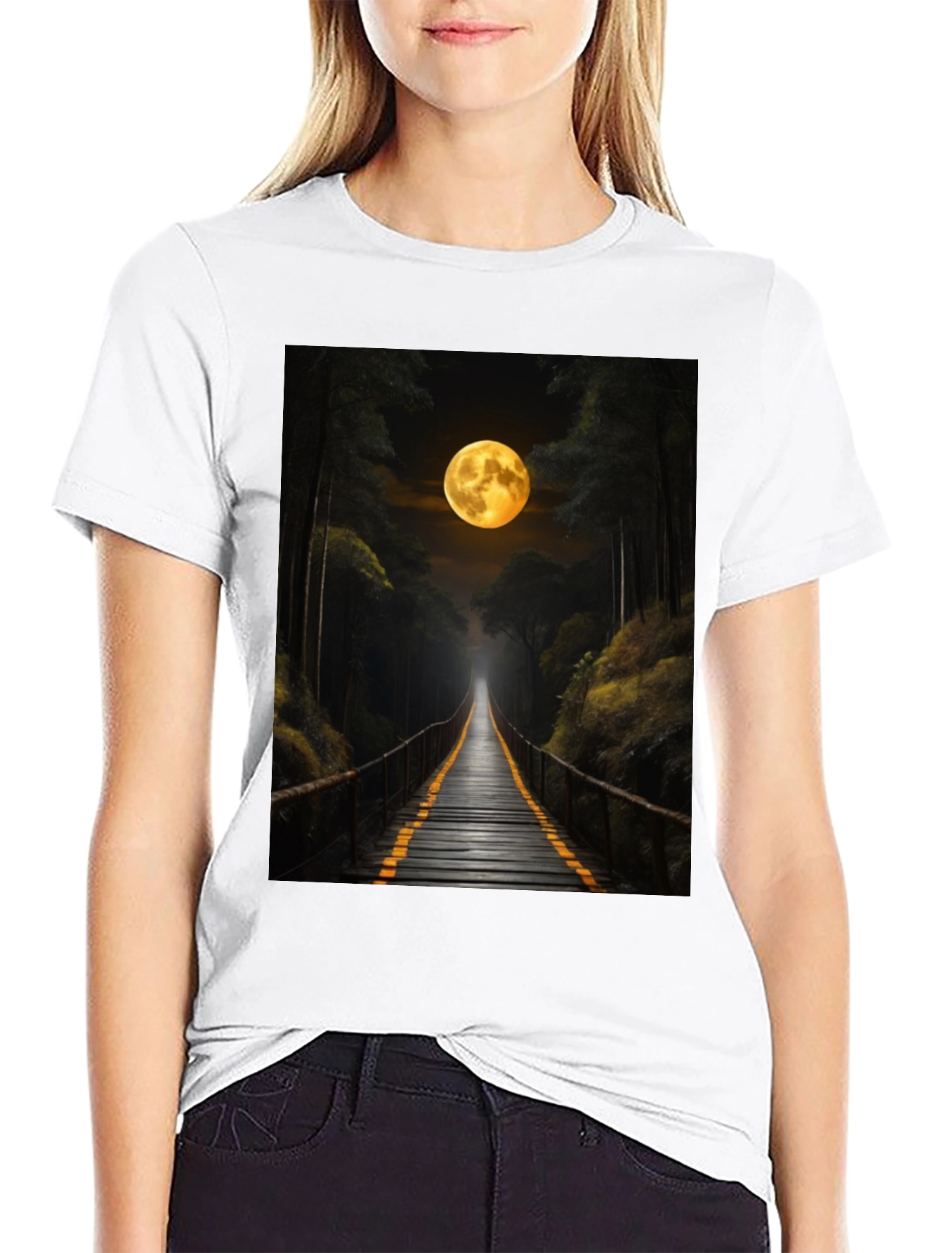Black Moonlit Forest Bridge Graphic Tee view 9