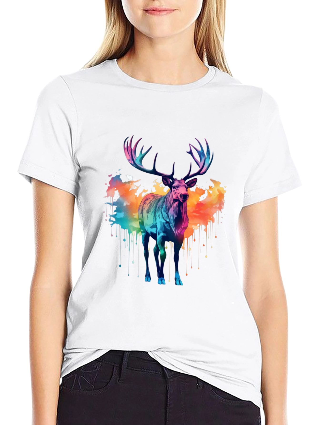 Black Colorful Watercolor Stag Graphic Tee view 9