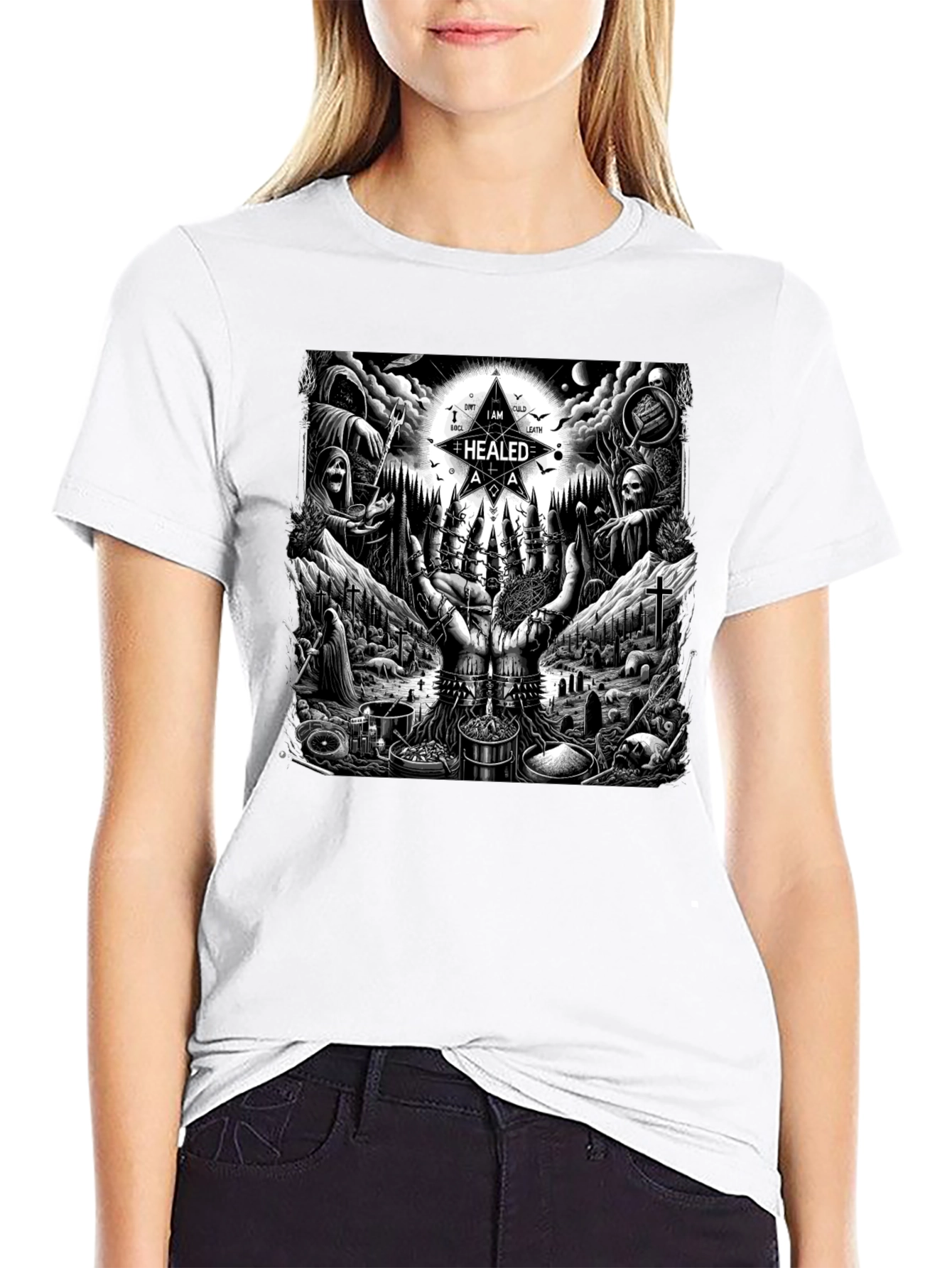 Black Occult Ritual Graphic T-Shirt - Dark Aesthetic Tee view 9
