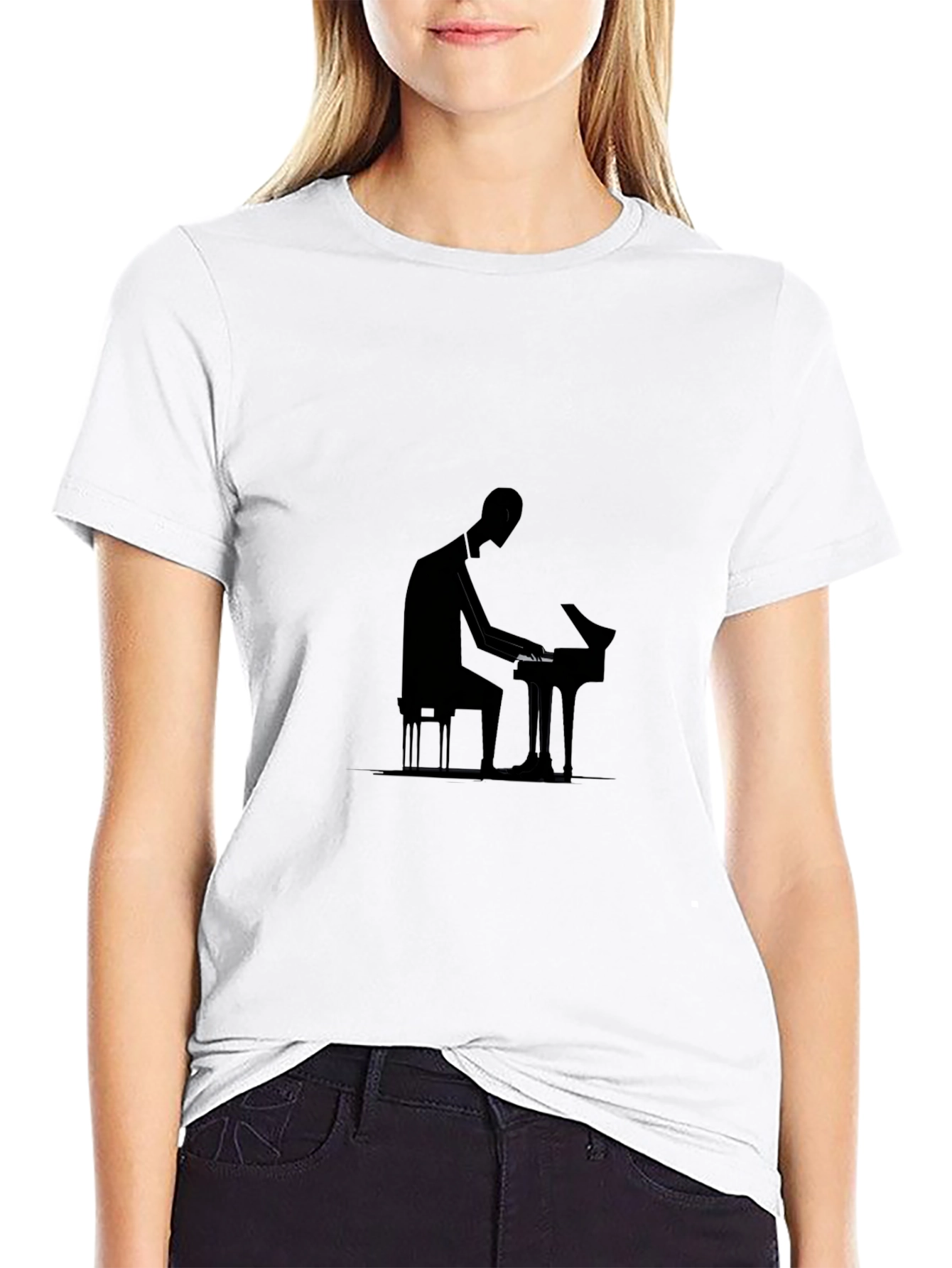 Black Stylish Black T-Shirt - Piano Player Silhouette Design view 9