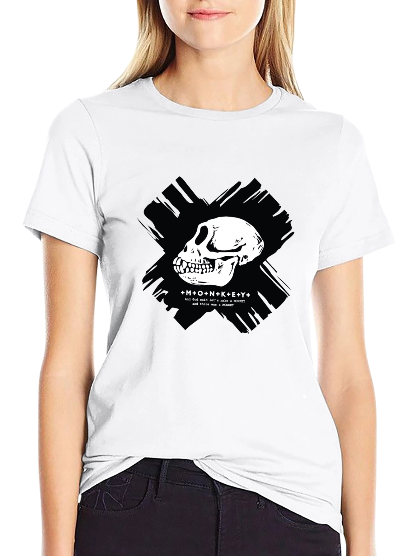 Black Monkey Skull Graphic T-Shirt - Crew Neck, Black view 9