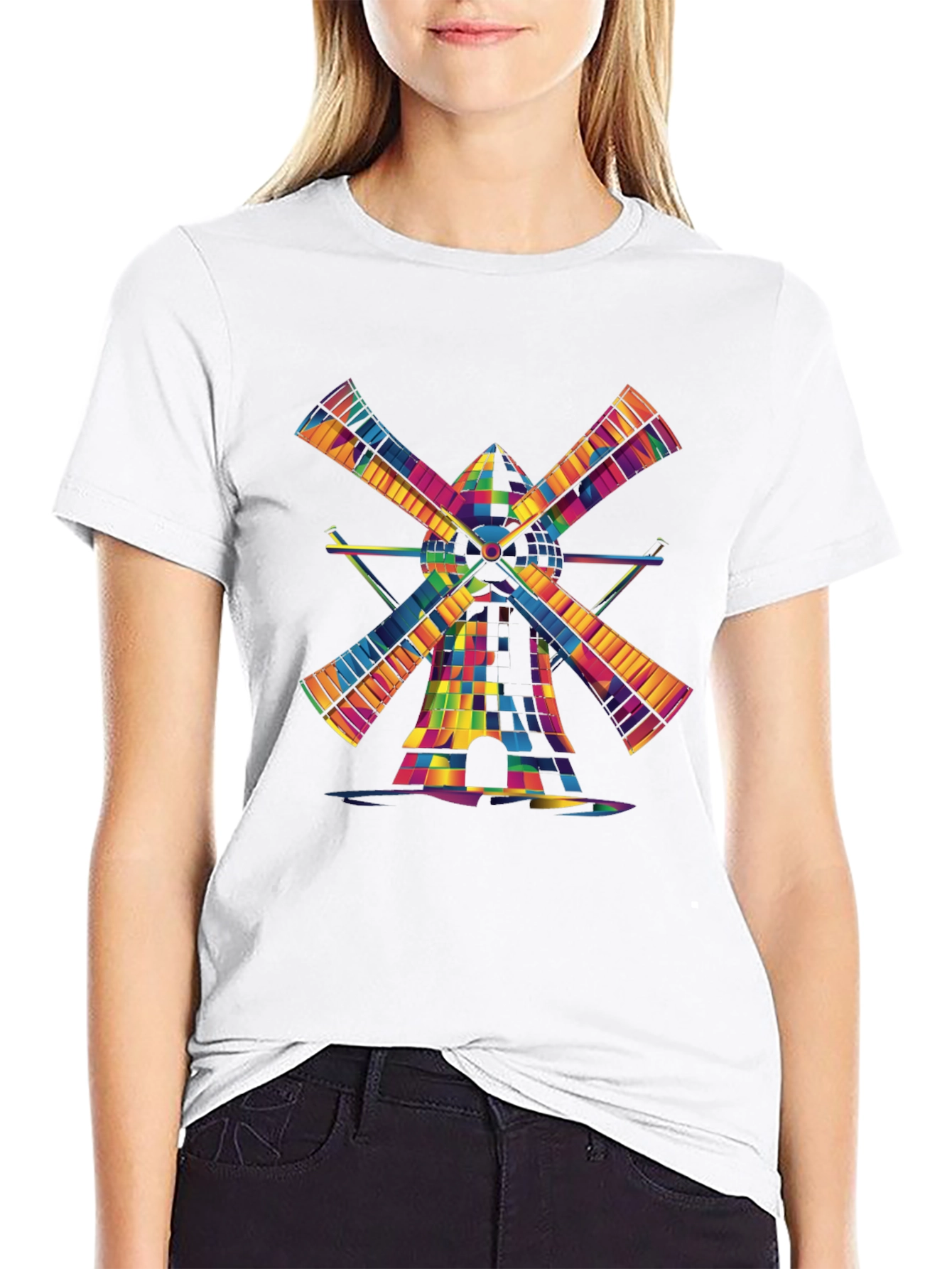 Black Colorful Windmill Graphic Tee - Modern Art Shirt view 9