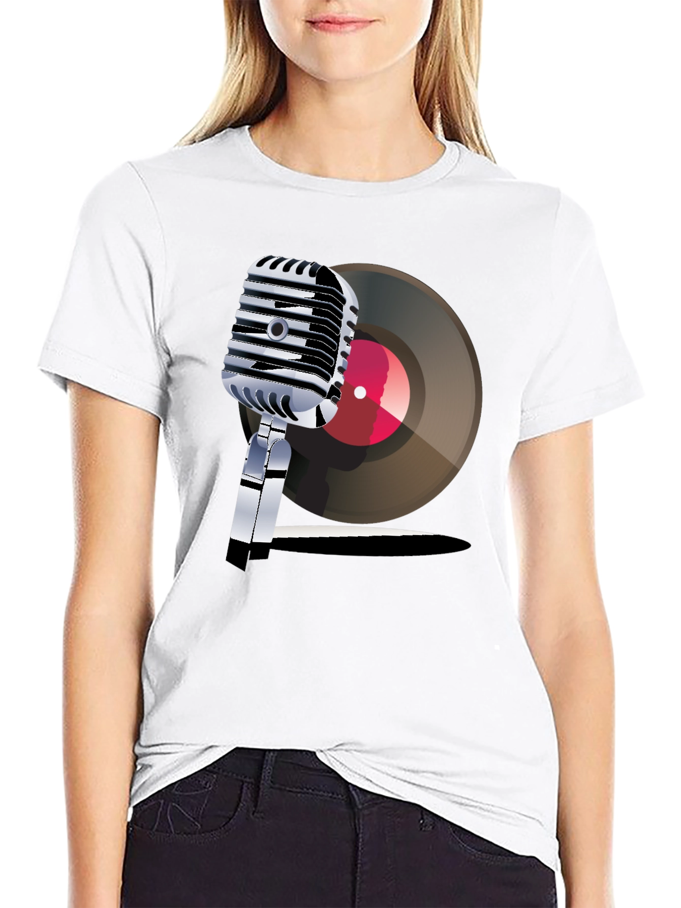 Black Retro Microphone & Record Graphic Tee view 9