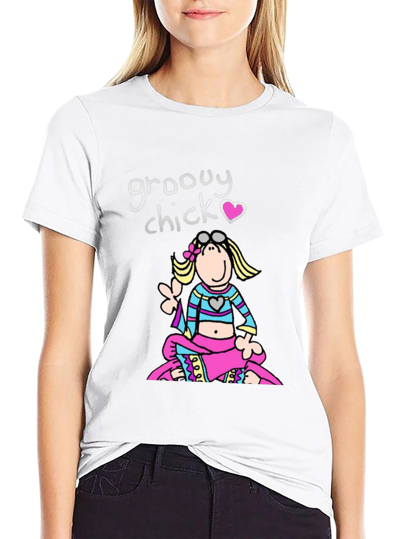 Black Groovy Chick T-Shirt - Retro Cartoon Peace view 9