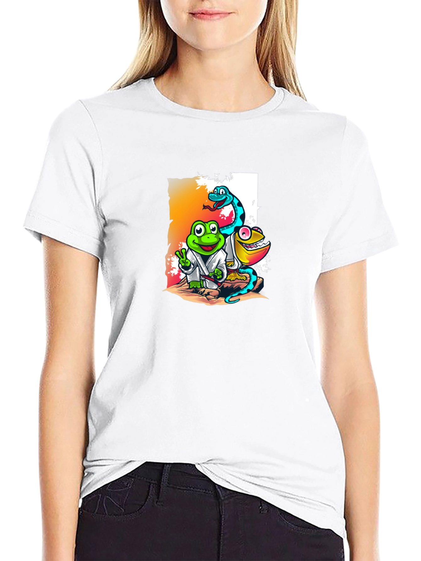 Black Cartoon Reptile Karate T-Shirt view 9