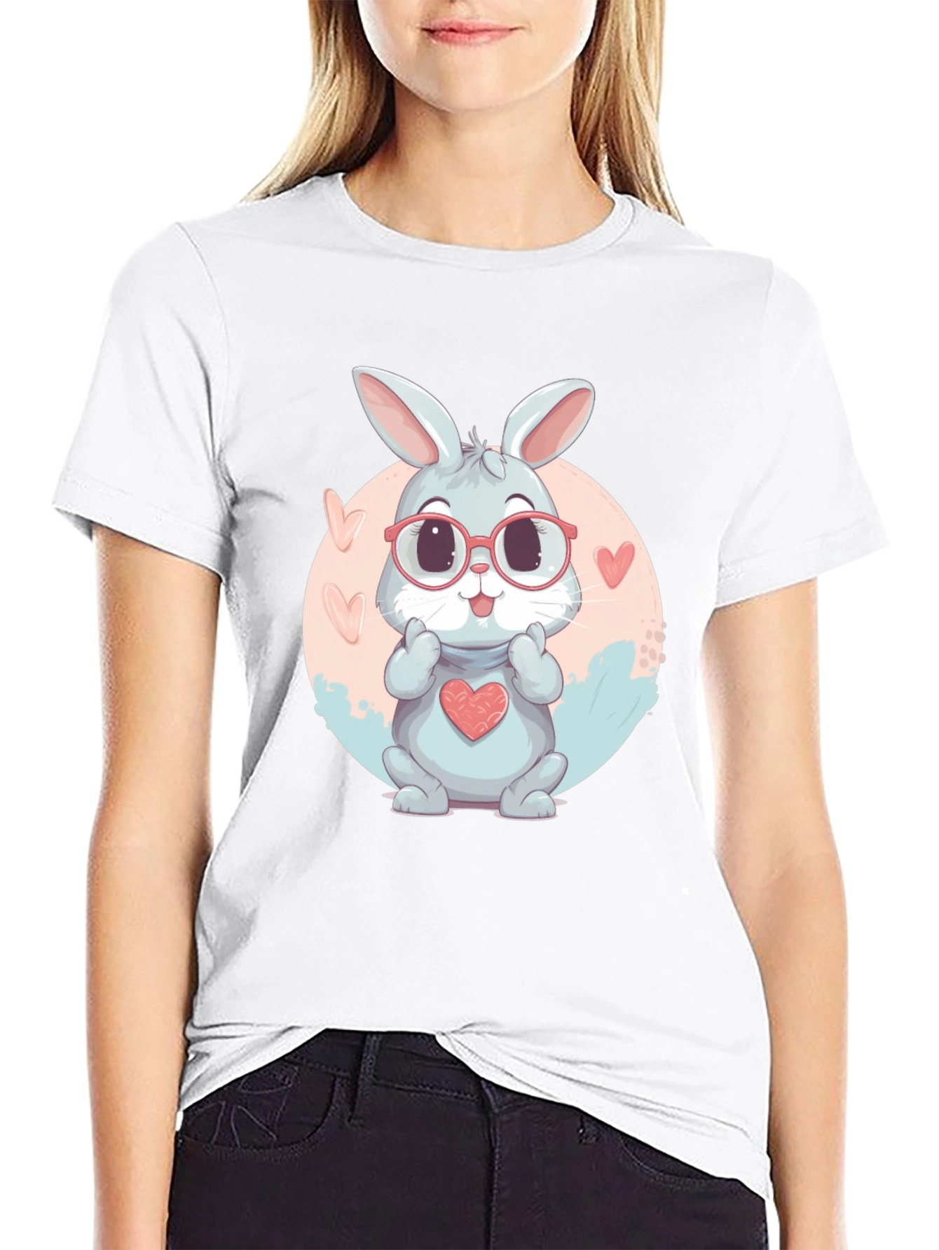 Black Cute Bunny Heart Graphic Tee view 9