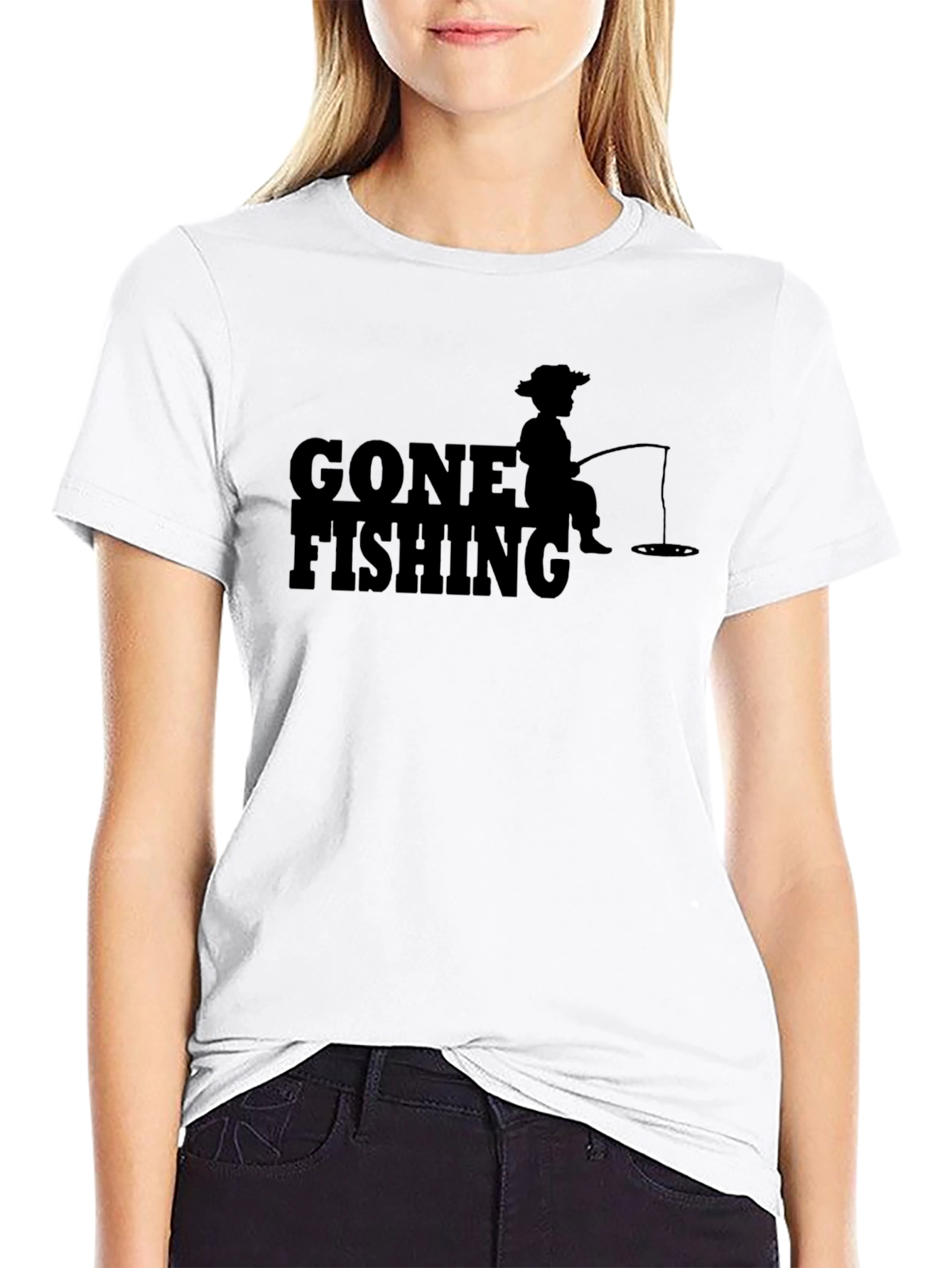 Black Gone Fishing Graphic T-Shirt - Solid Black Casual Tee view 9