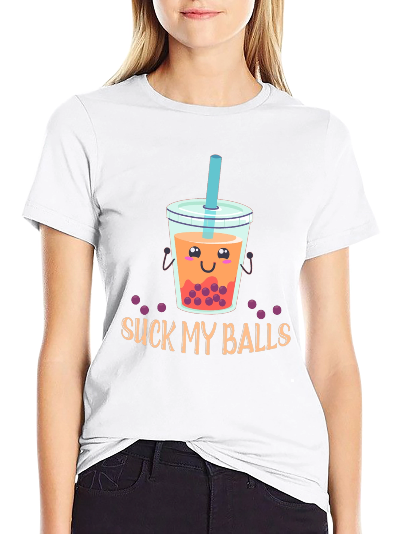 Black Suck My Balls Funny Bubble Tea Graphic T-Shirt view 9