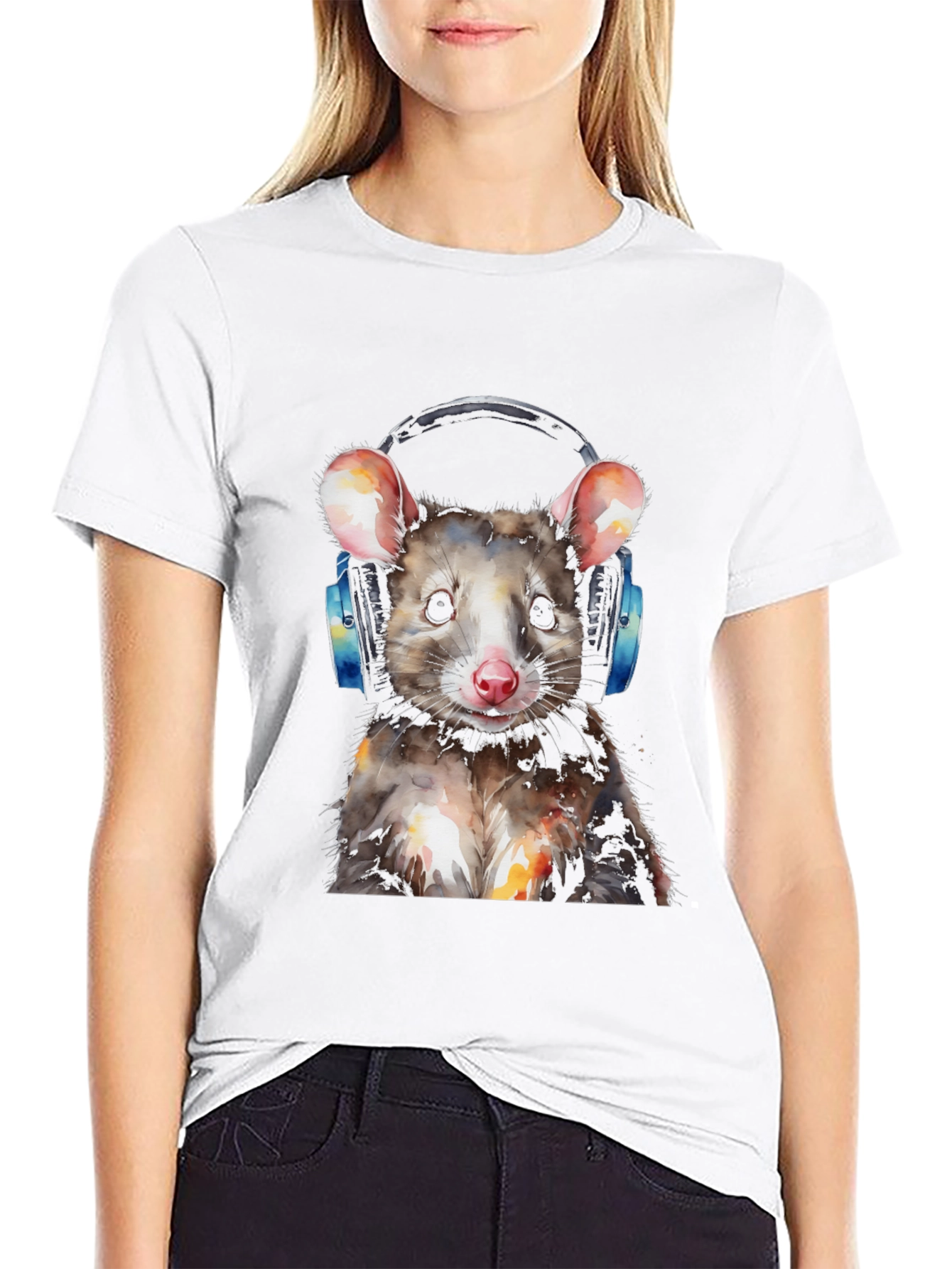 Black Cool Opossum T-Shirt with Headphones - Unique Graphic Tee view 9