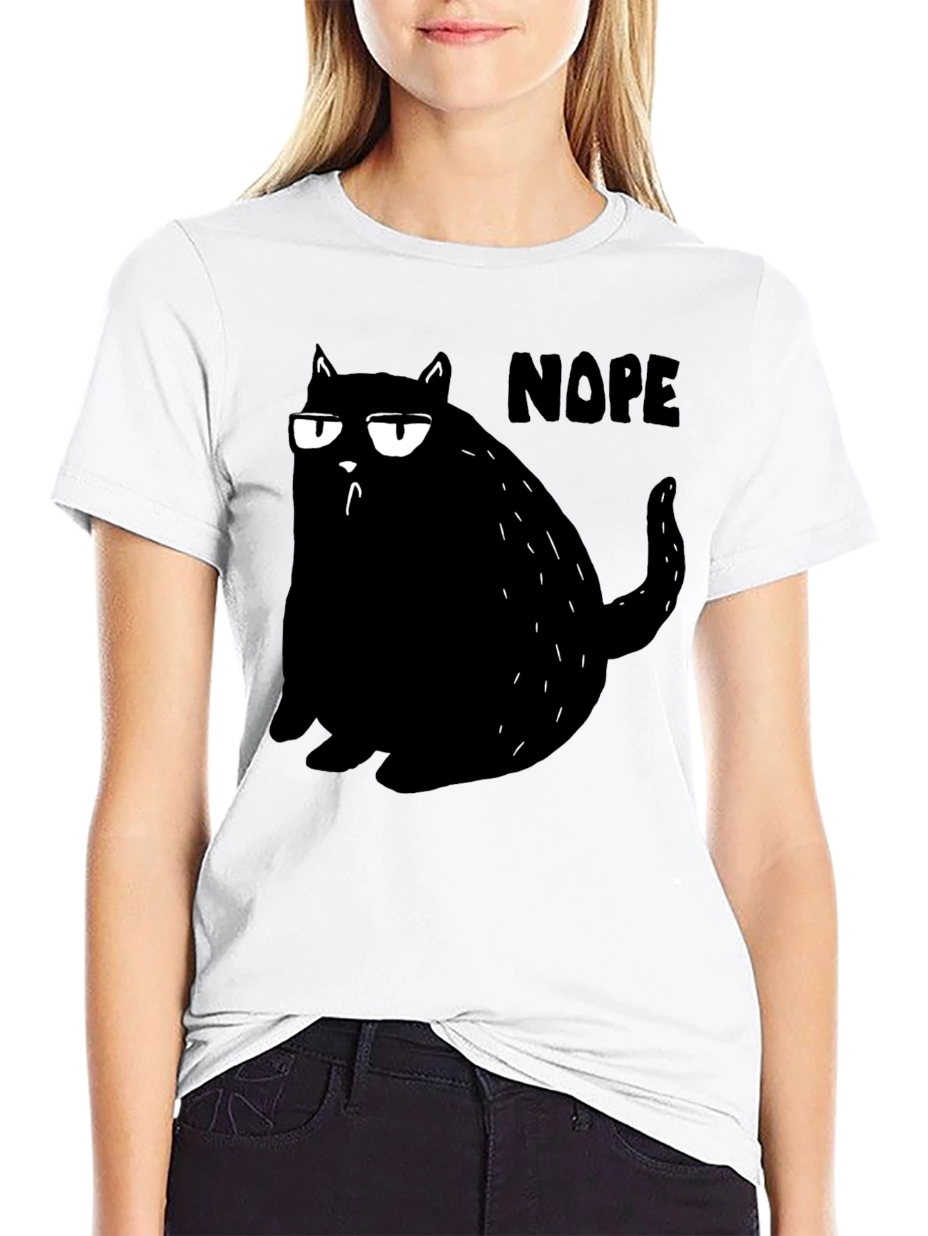 Black Nope Cat Graphic Tee - Black Cotton T-Shirt  view 9