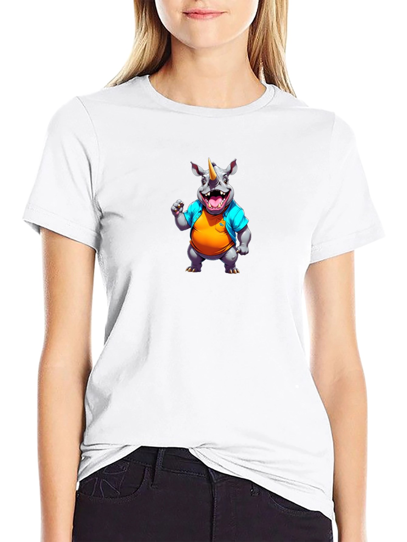 Black Cartoon Rhino Graphic Black T-Shirt view 9