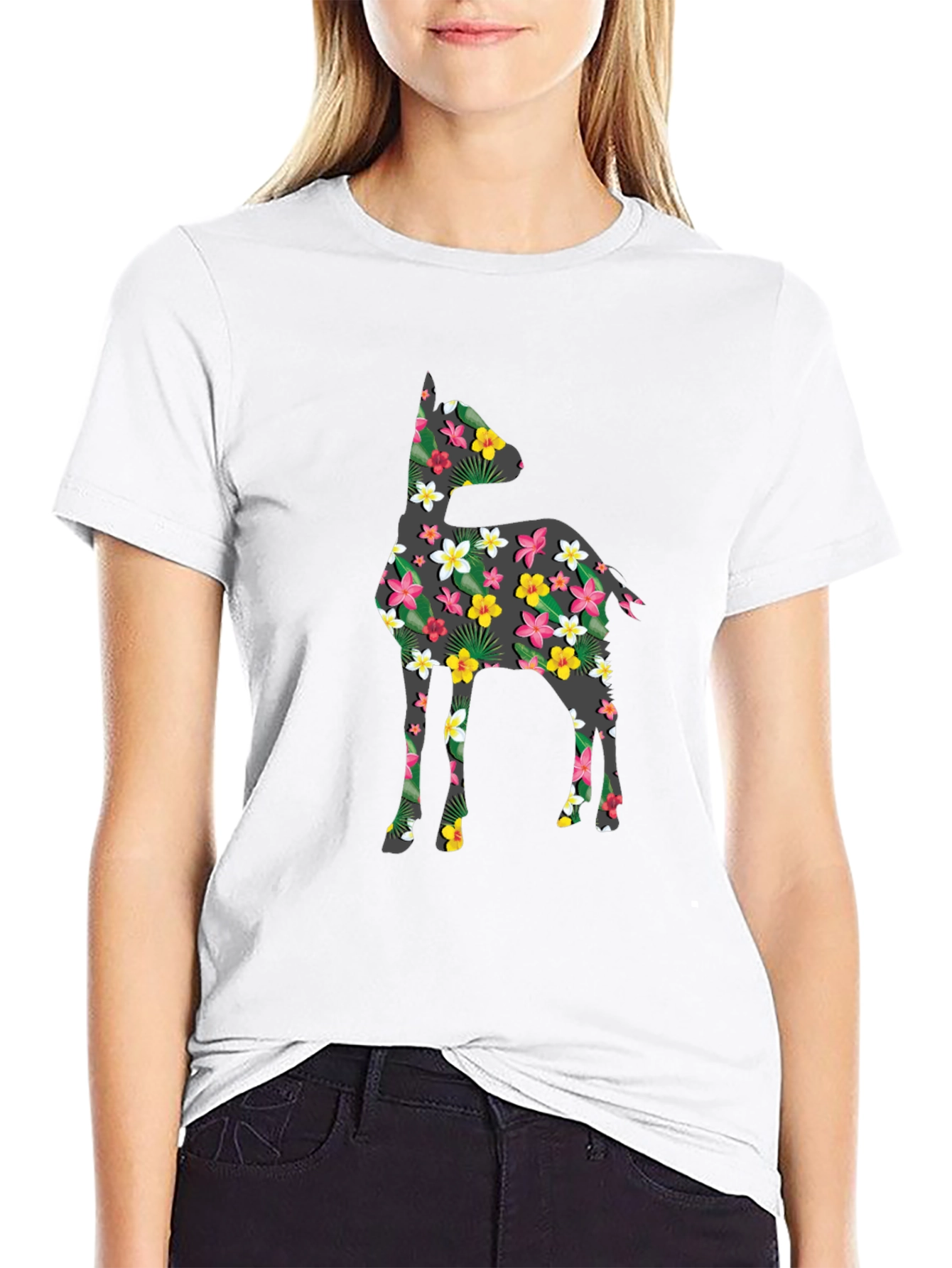 Black Floral Deer Print Black T-Shirt view 9