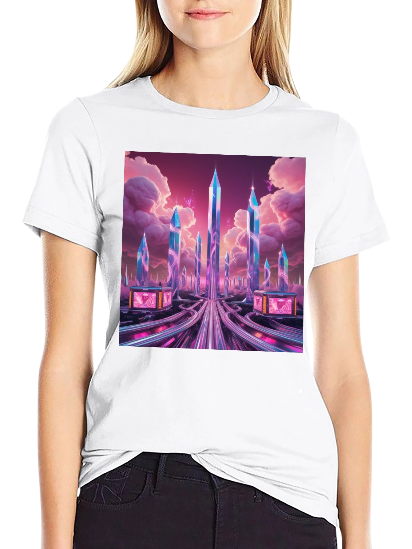 Black Futuristic Cityscape Graphic Tee view 9
