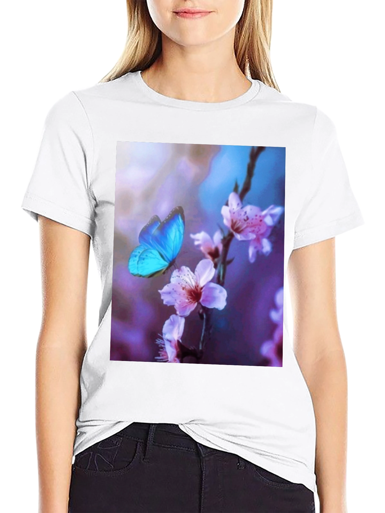 Black Butterfly Floral Print Black T-Shirt view 9