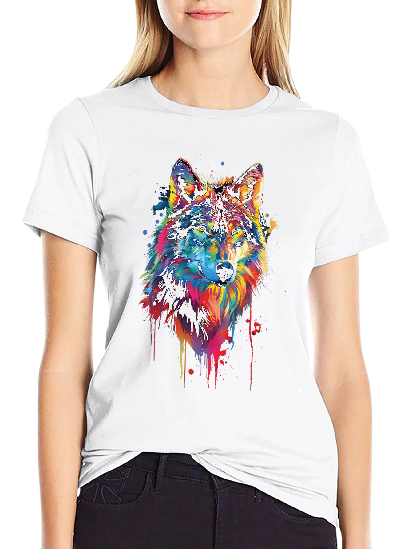 Black Colorful Wolf Graphic Tee - Black Cotton Blend view 9