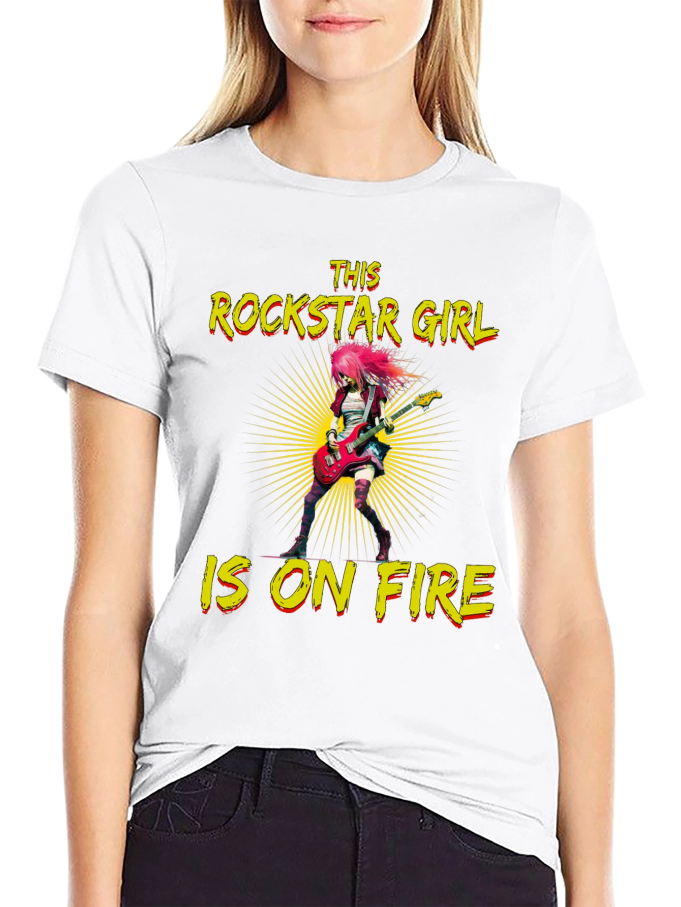 Black Rockstar Girl on Fire Black T-Shirt view 9
